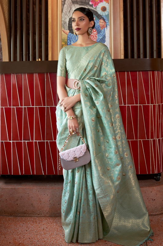 Pistachio Green Pure Banarasi Woven Silk Saree with Zari Work