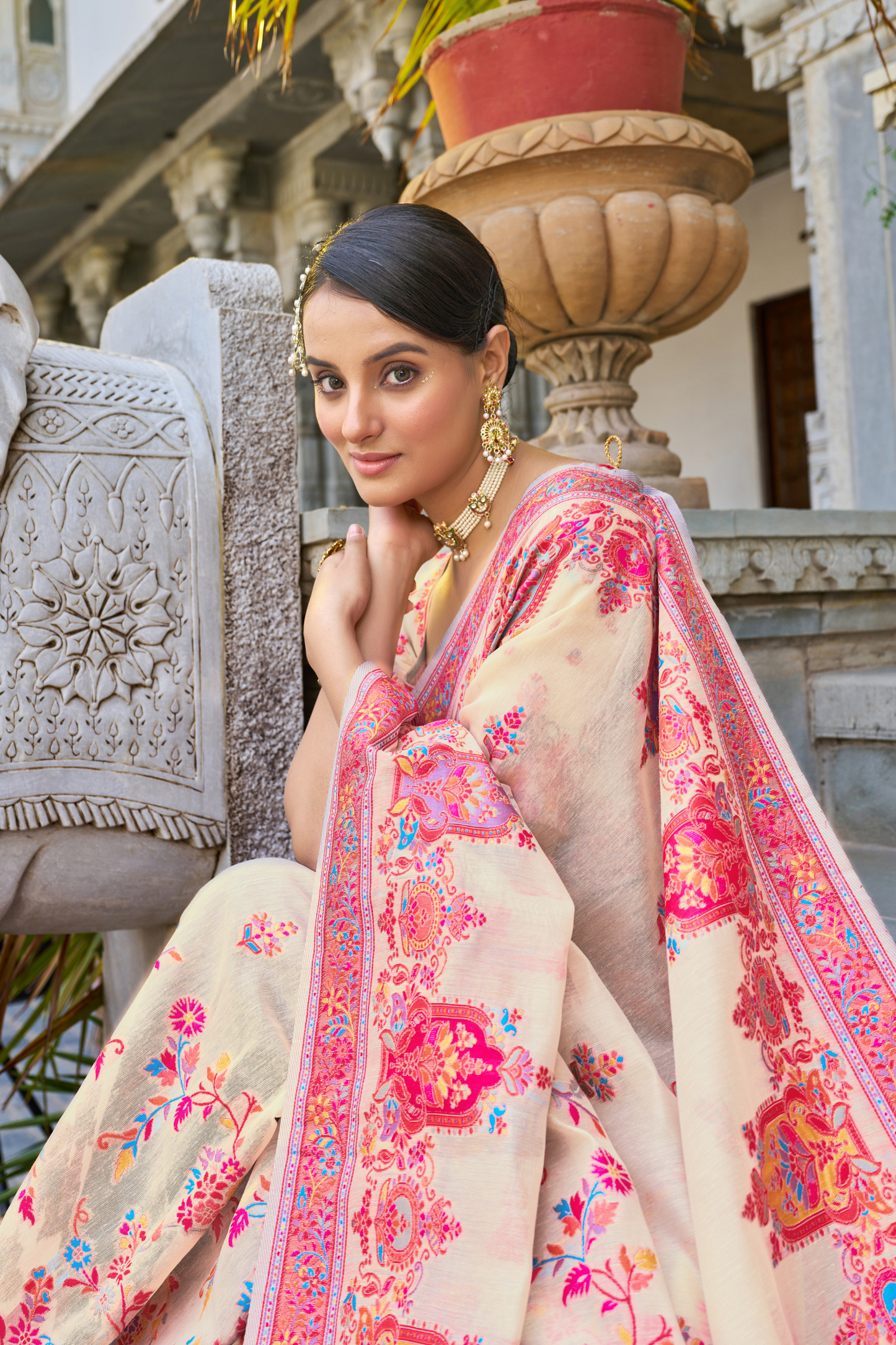 Beige Pink Cotton Pashmina Silk Saree with Floral Design