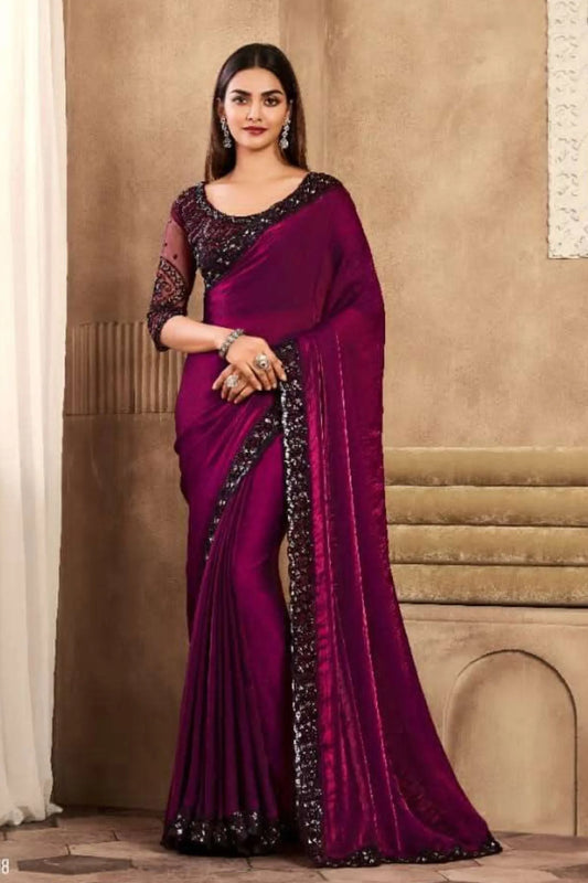 Wine Cherry Designer Silk Saree With Fancy Work