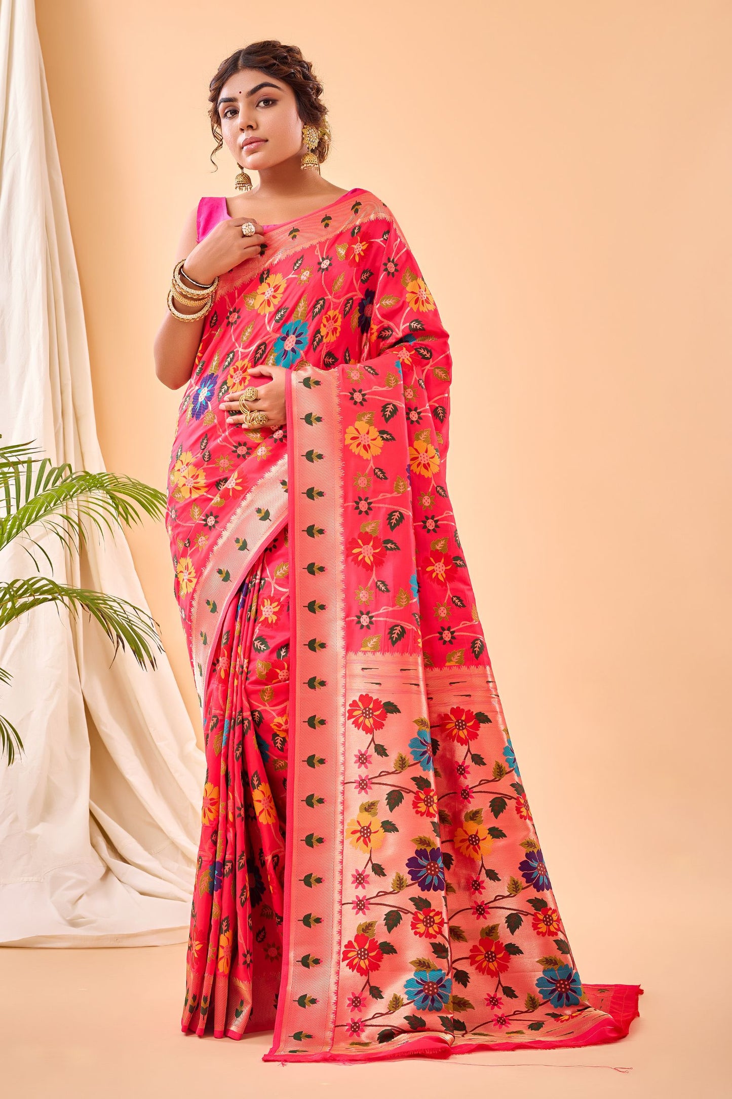 Peachish Pink Paithani Silk Saree with Royal Jaal Work