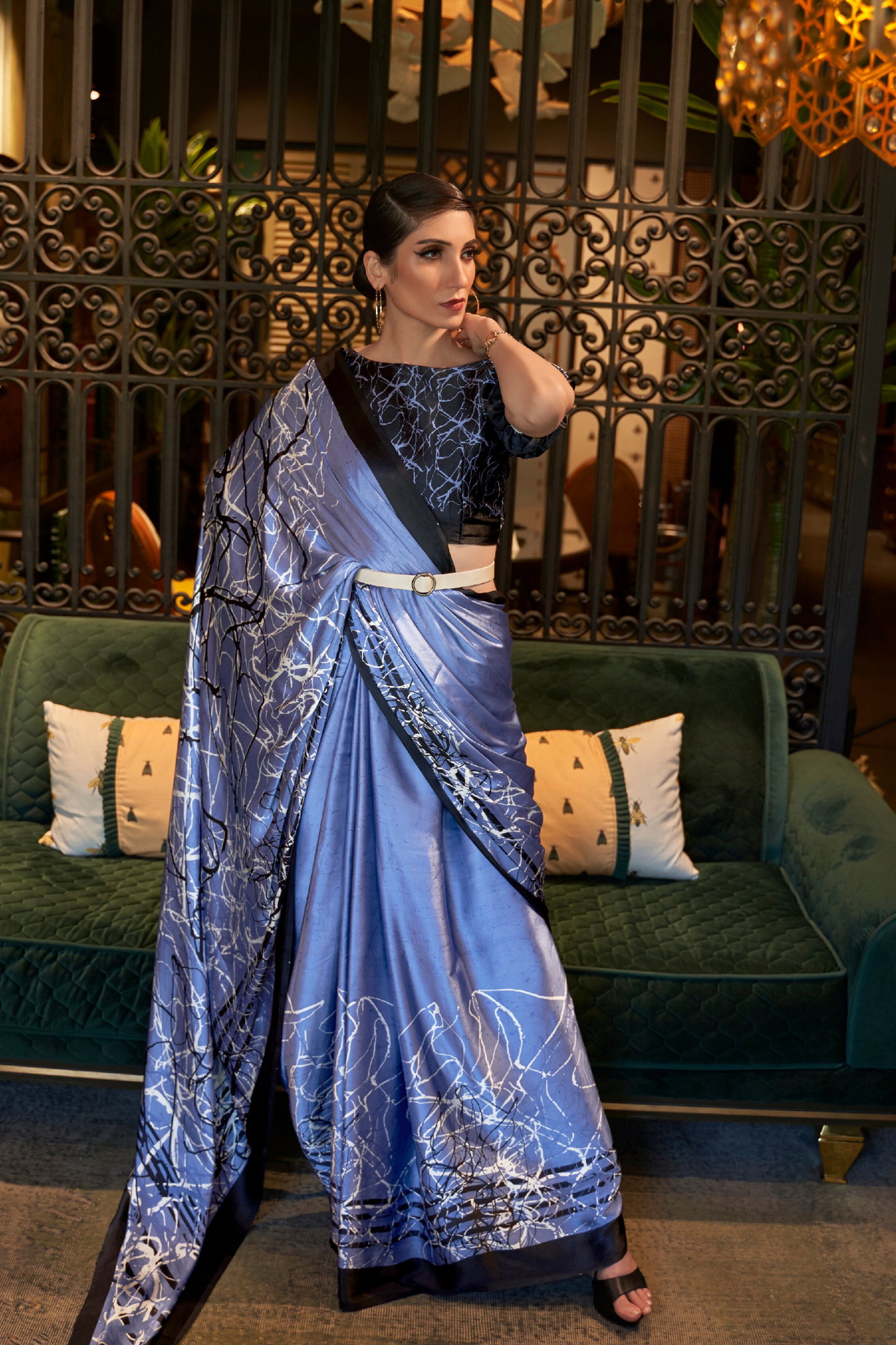 Lavender Blue Printed Satin Crepe Saree