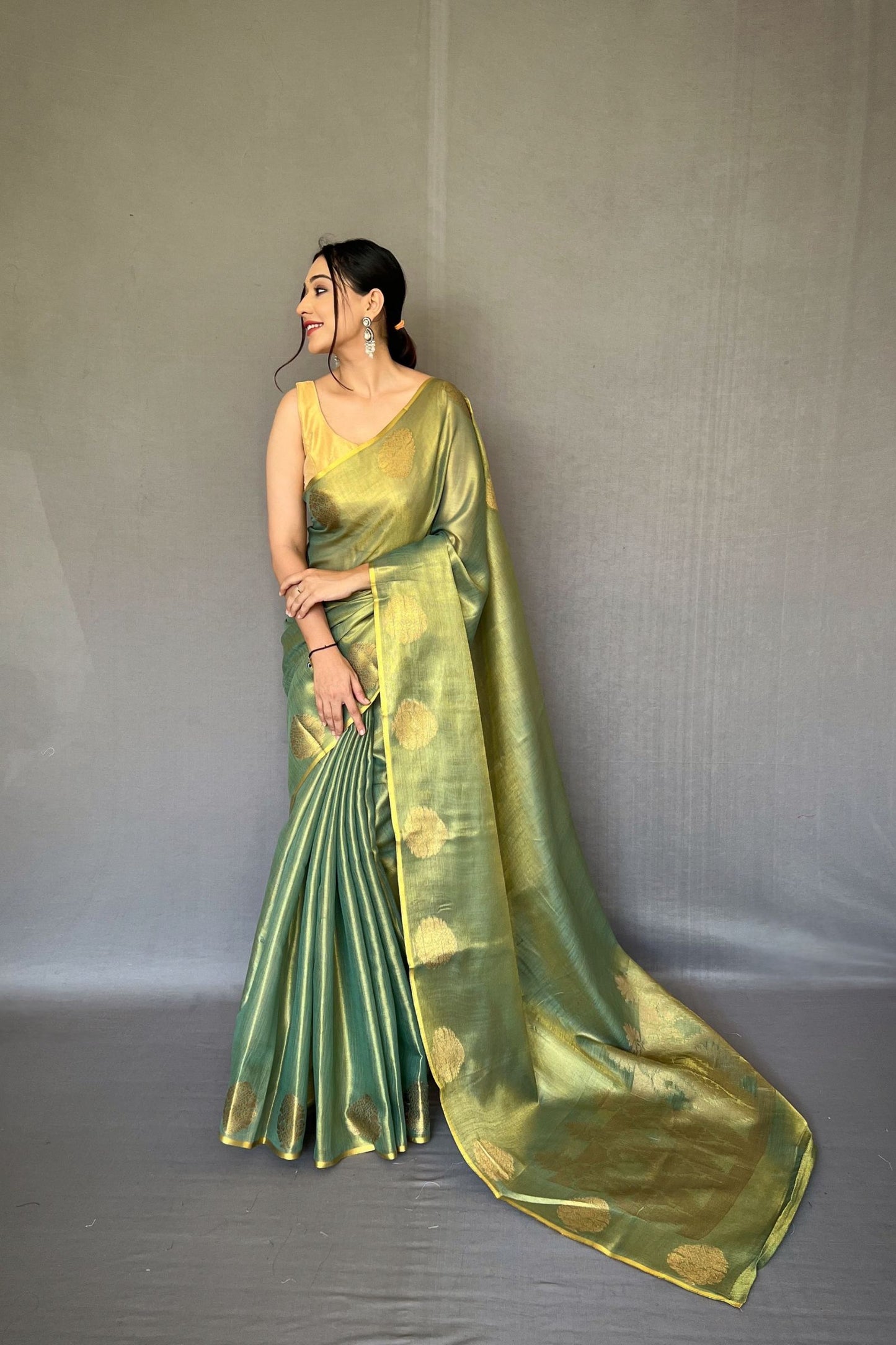 Metallic Green Jacquard Woven Tissue Silk Saree