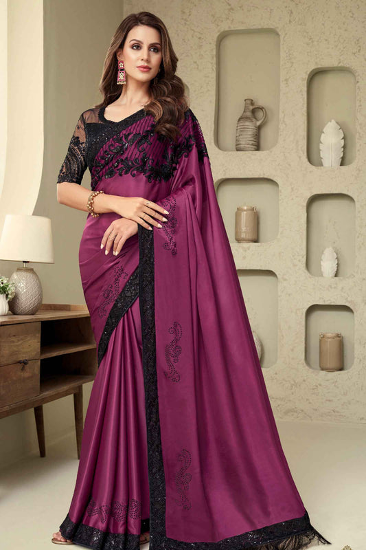 Dark Fuchsia Silver Silk Saree With Embroidery Work