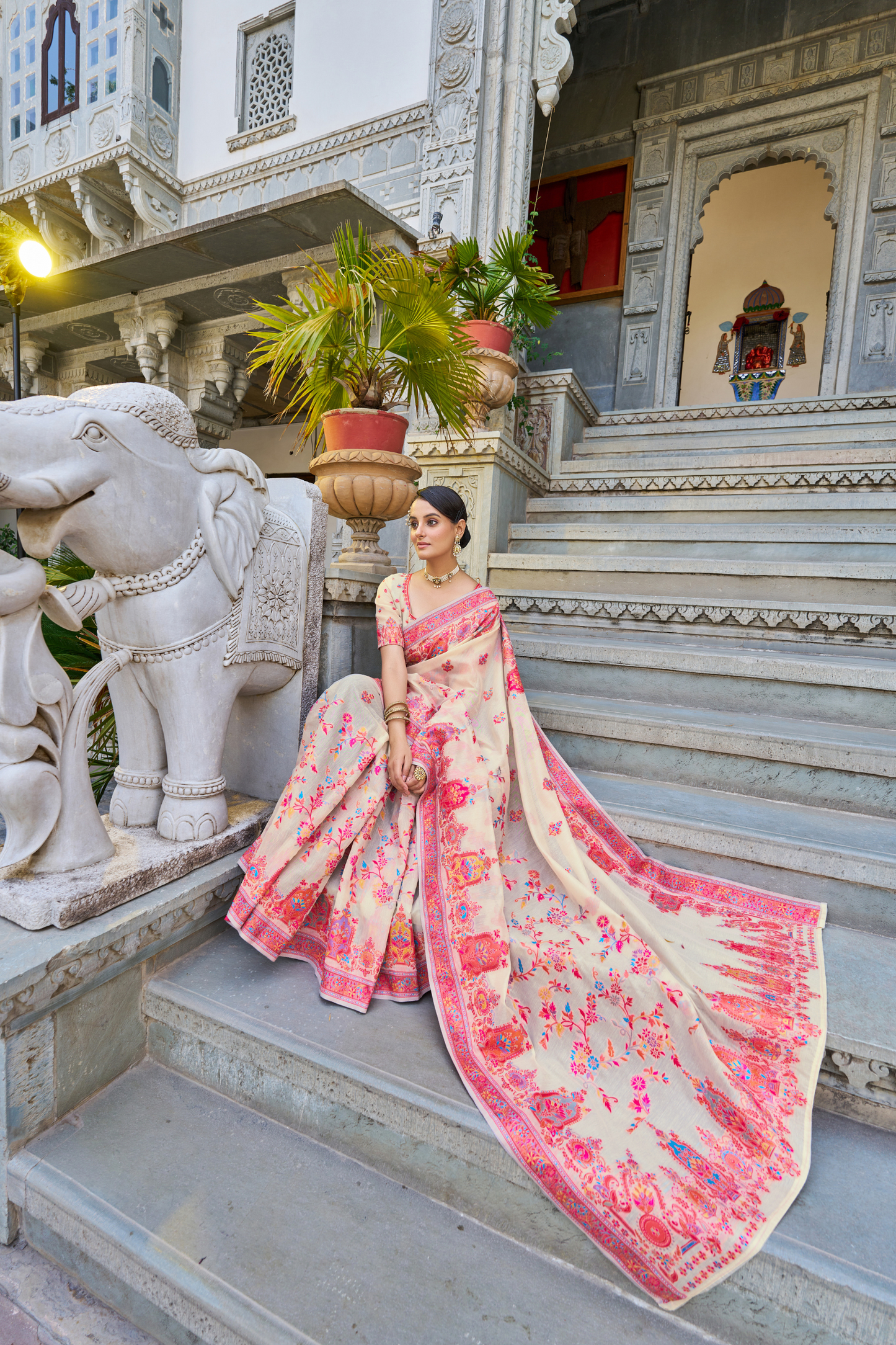 Beige Pink Cotton Pashmina Silk Saree with Floral Design