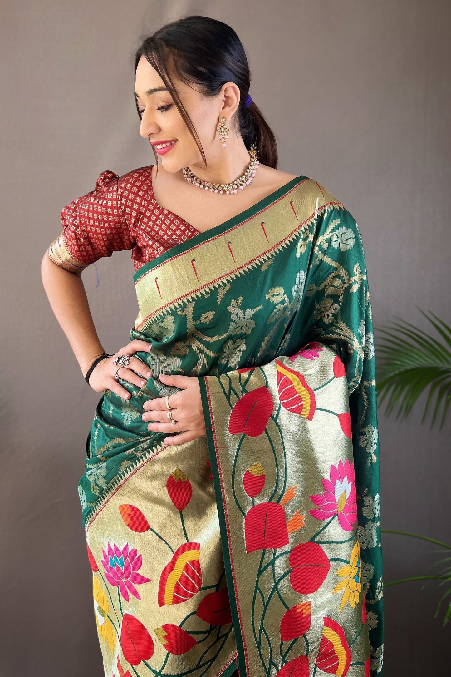 Dark Green Soft Paithani Silk Saree with Traditional Patterns