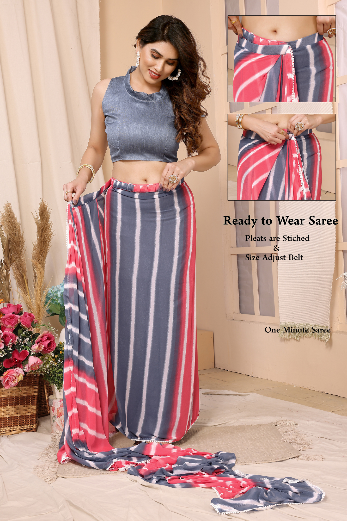 Pink & Grey Leheriya Printed Georgette Ready to Wear Saree