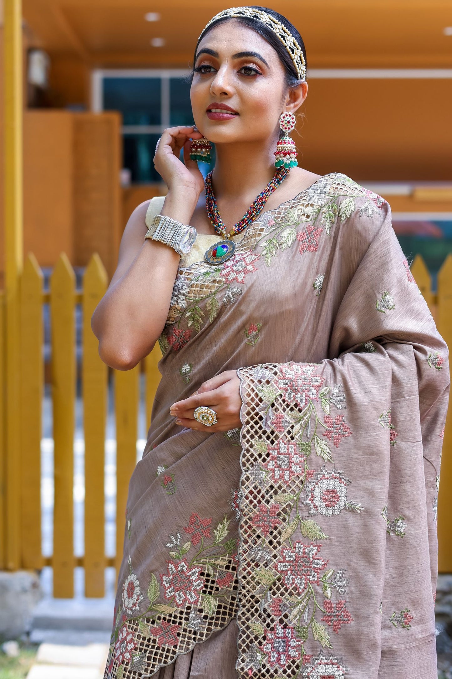 Light Brown Embroidered Pure Mark Silk Saree with Cutwork Border