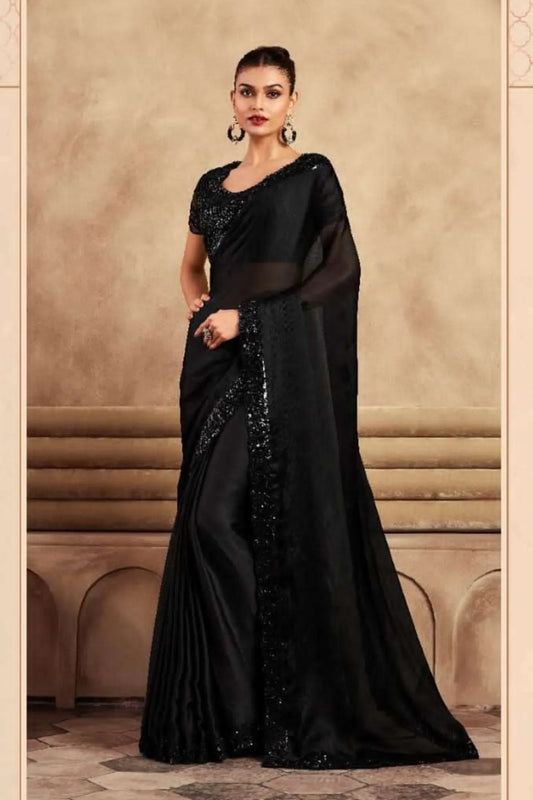 Black Designer Soft Silk Chiffon Saree With Fancy Work