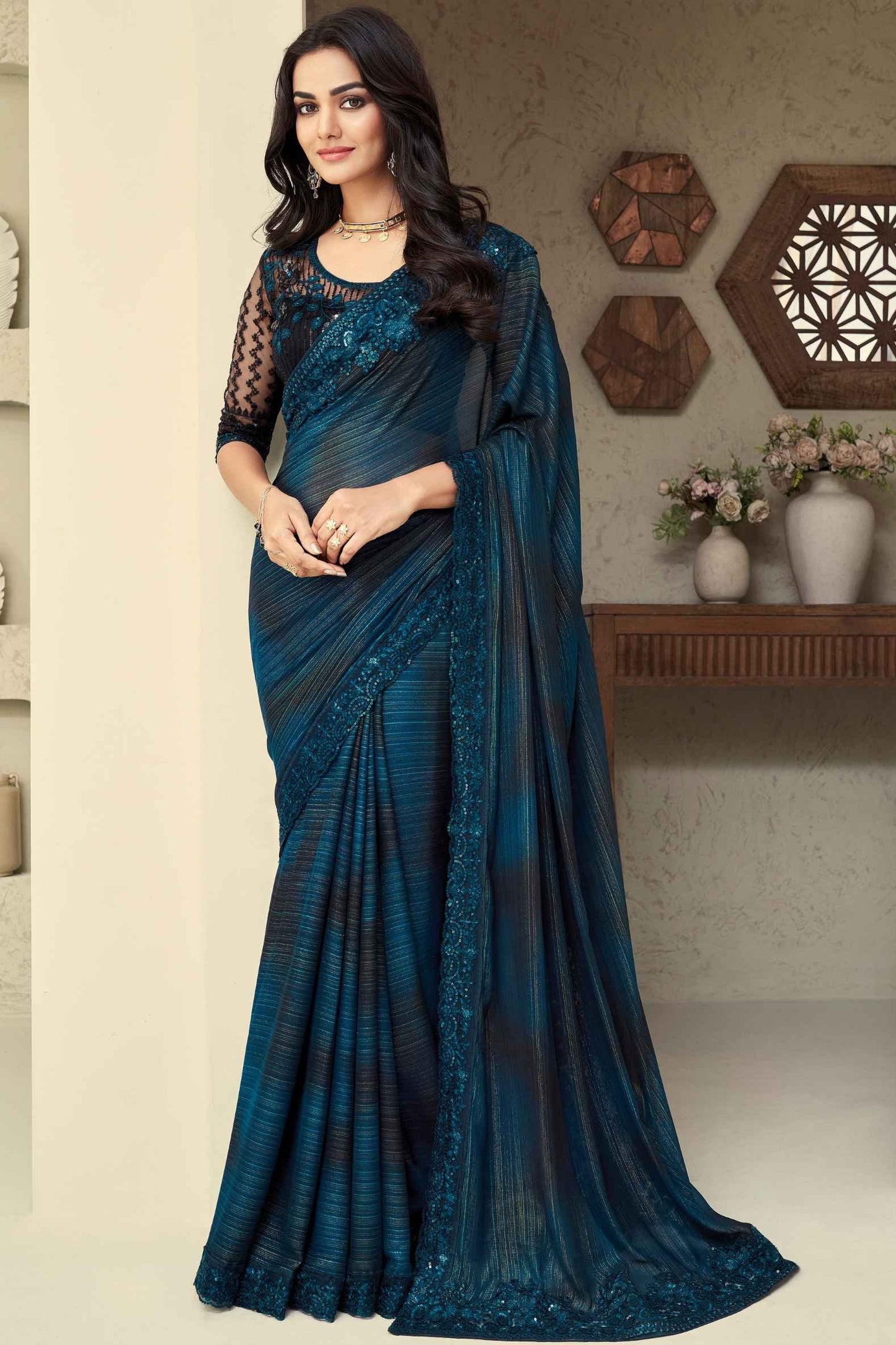 Teal Blue Silver Silk Saree With Embroidery Work