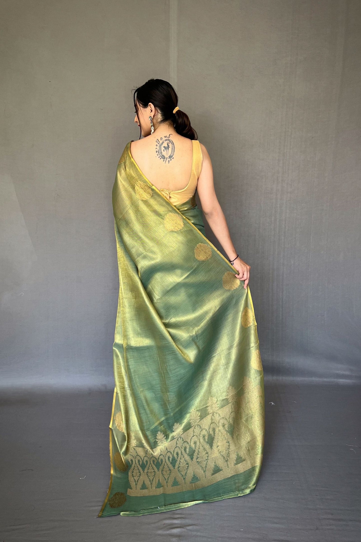 Metallic Green Jacquard Woven Tissue Silk Saree