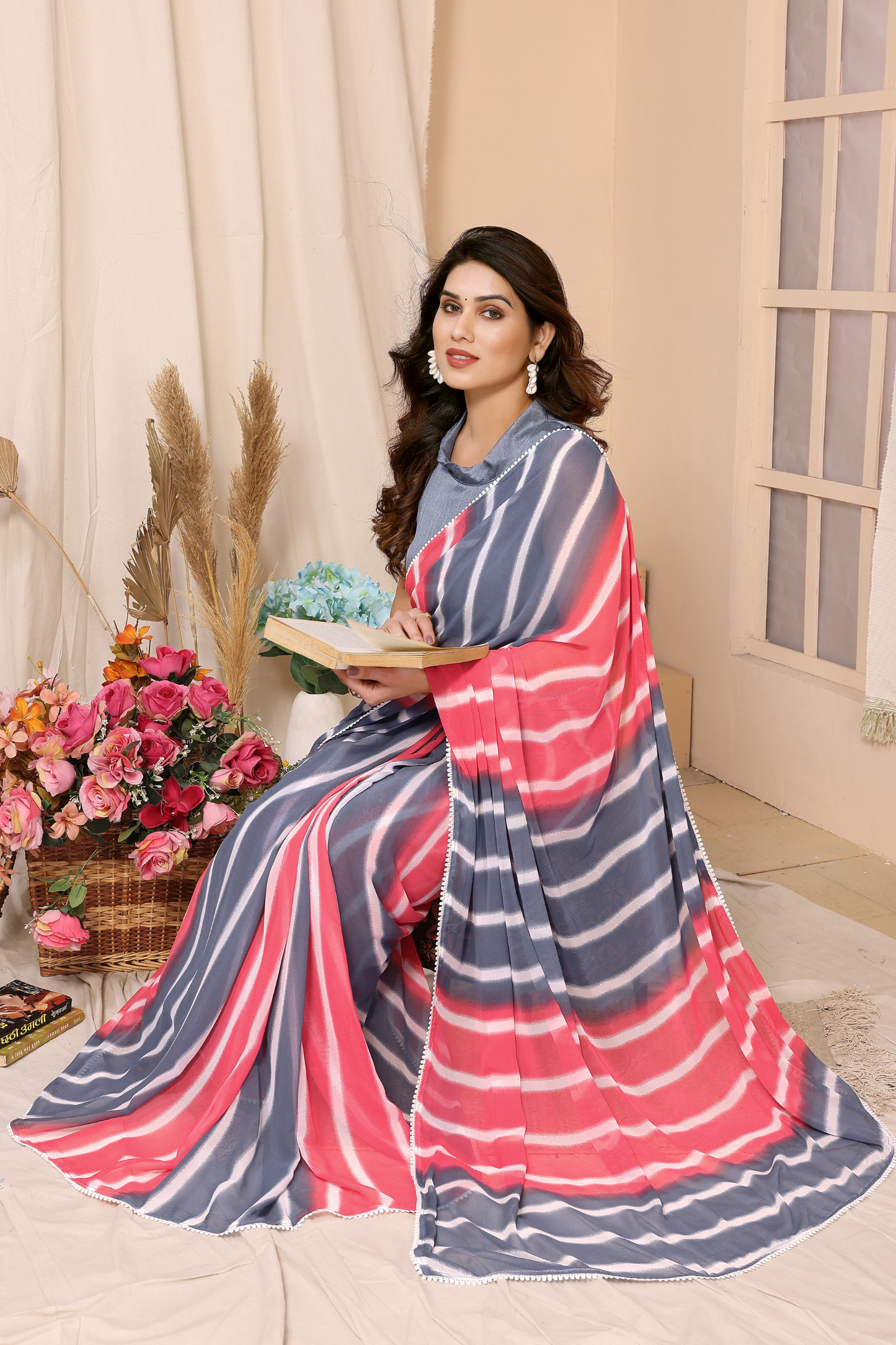 Pink & Grey Leheriya Printed Georgette Ready to Wear Saree