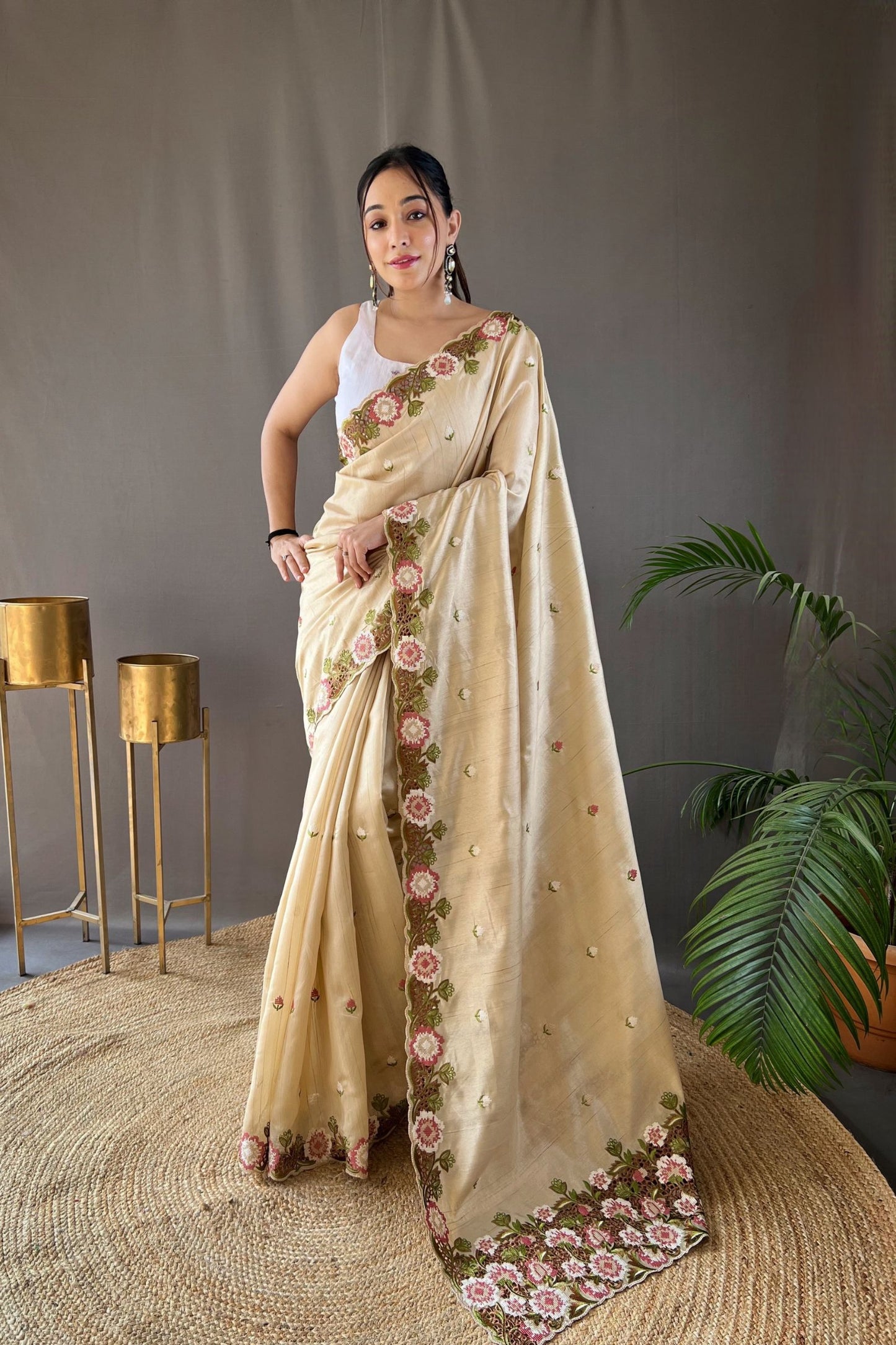 Cream Embroidered Pure Tussar Silk Saree