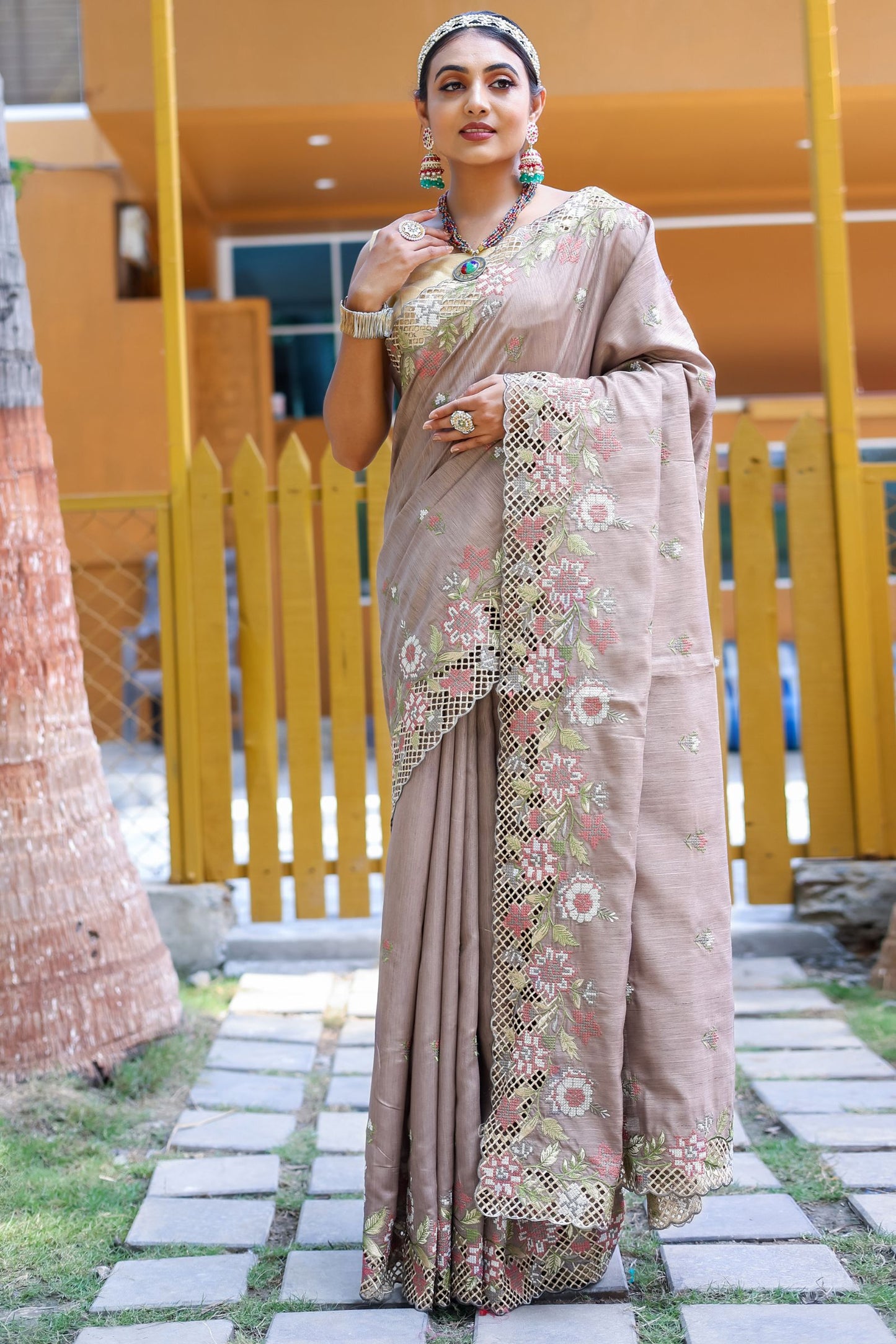 Light Brown Embroidered Pure Mark Silk Saree with Cutwork Border