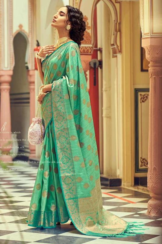 Mint Green Posh Banarasi Katan Soft Silk Saree with Rich Zari Border