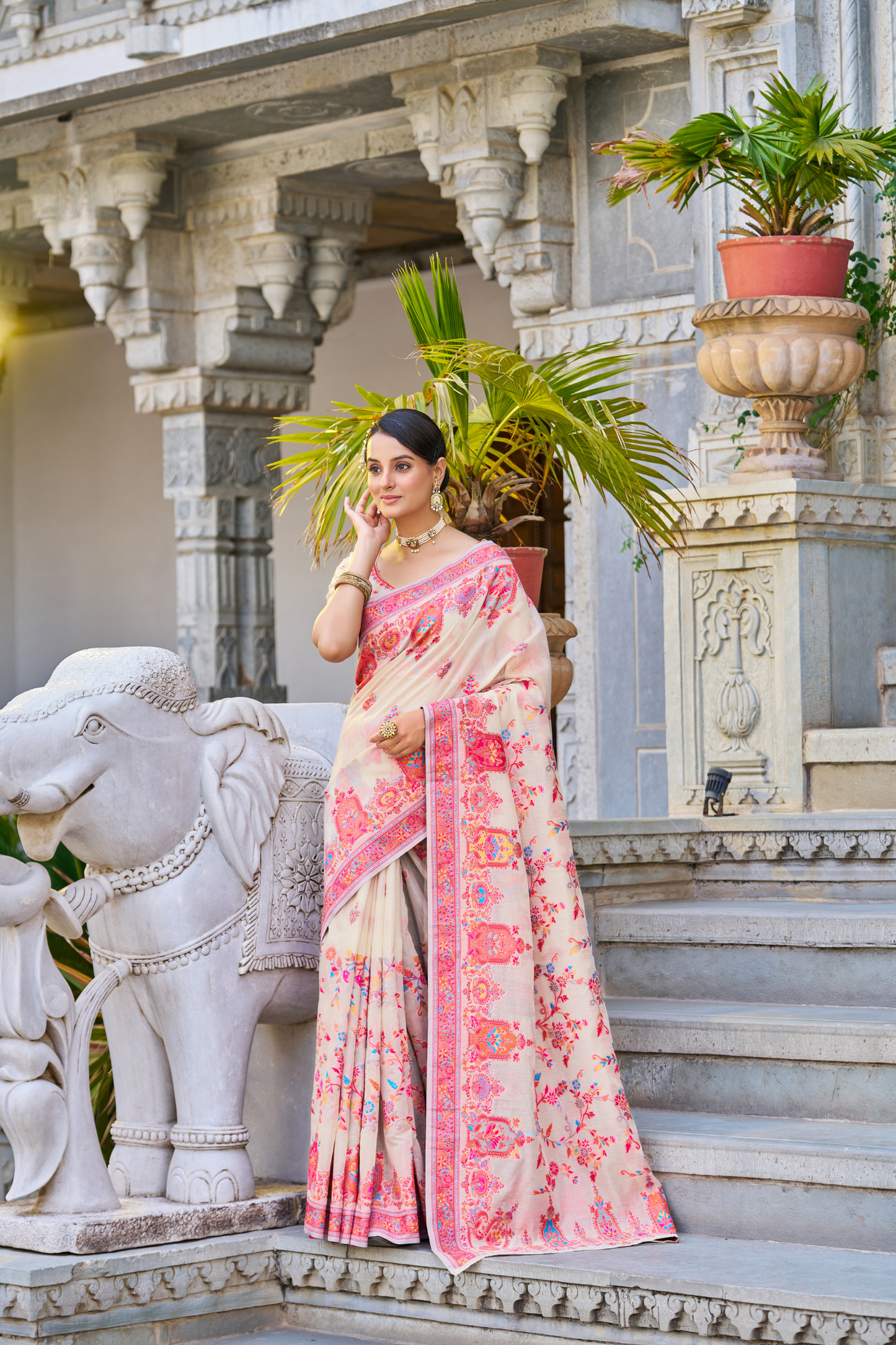 Beige Pink Cotton Pashmina Silk Saree with Floral Design