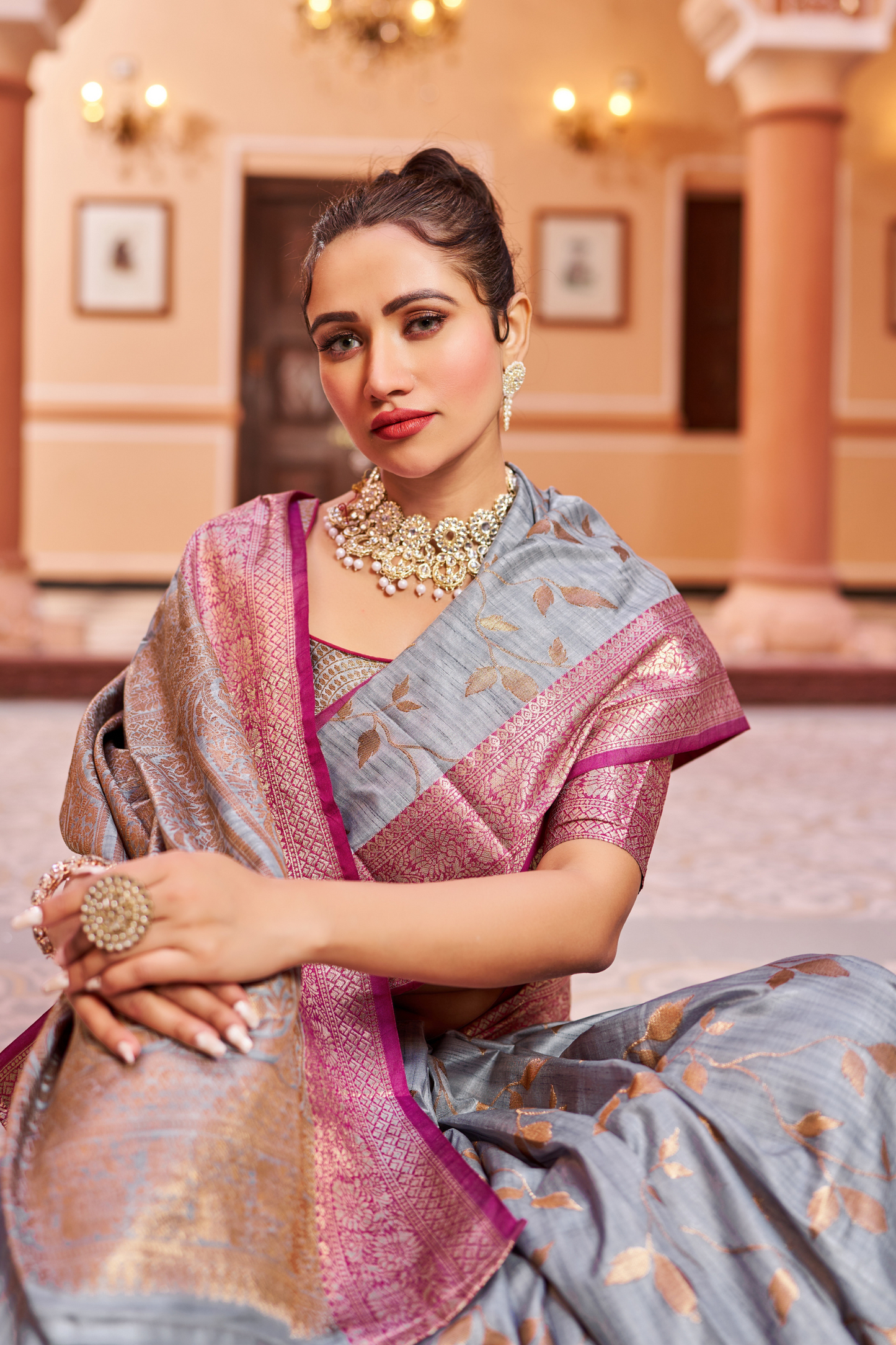 Gray Banarasi Pure Satin Silk with Graceful Zari Work Border