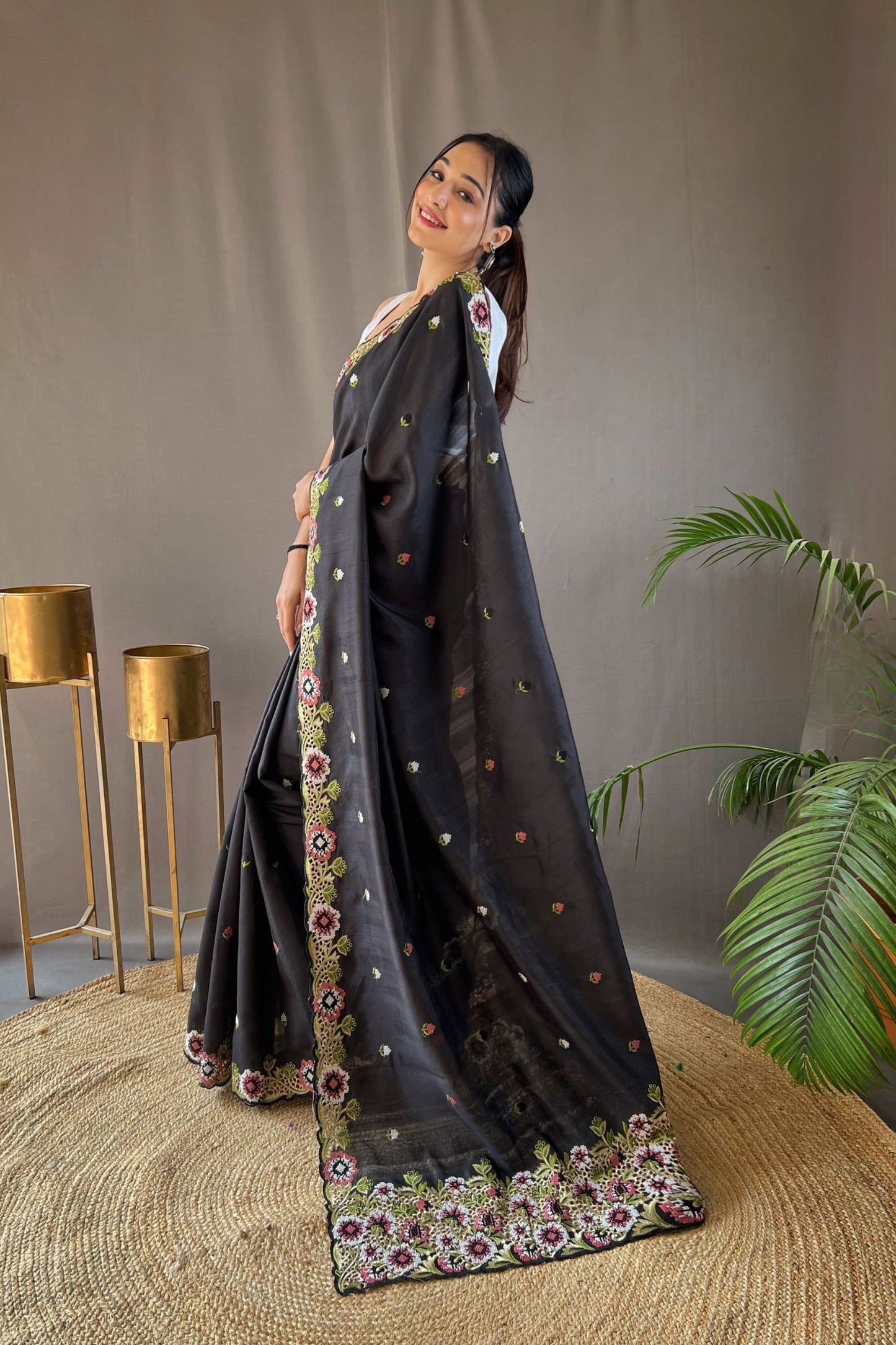 Black Embroidered Pure Tussar Silk Saree