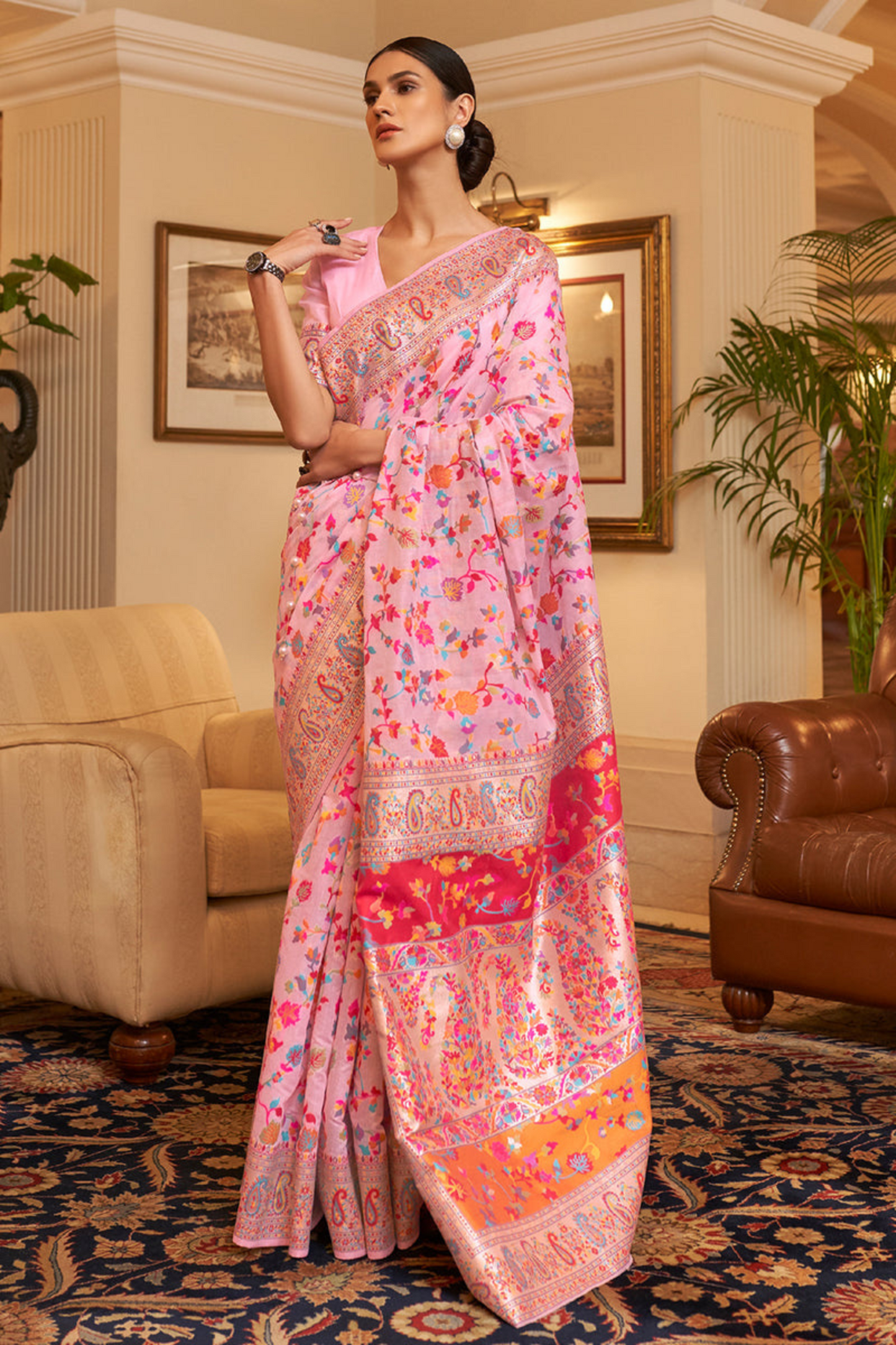 Blush Pink Cotton Silk Pashmina Sarees with Kashmiri Modal Weaving