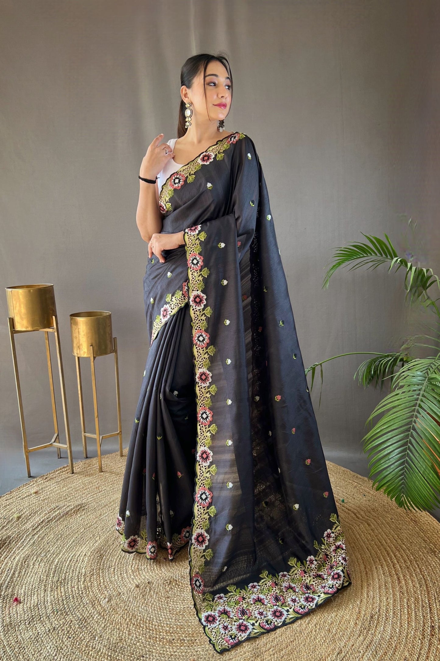 Black Embroidered Pure Tussar Silk Saree