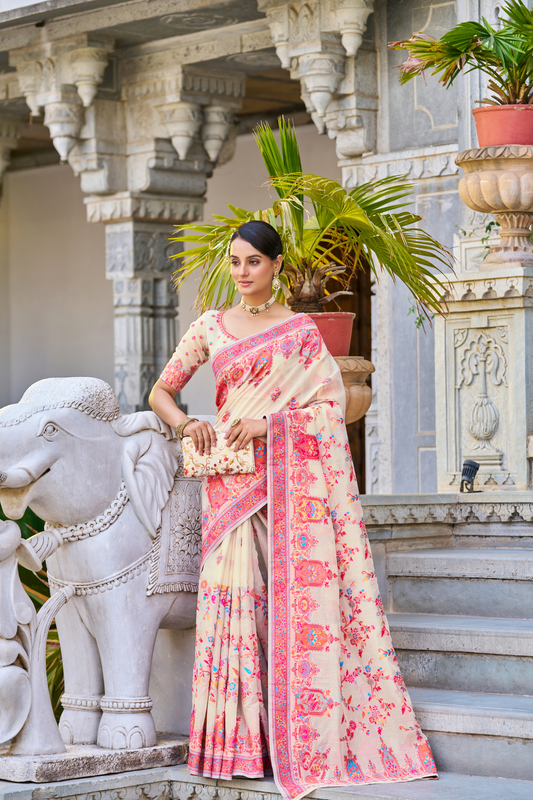 Beige Pink Cotton Pashmina Silk Saree with Floral Design