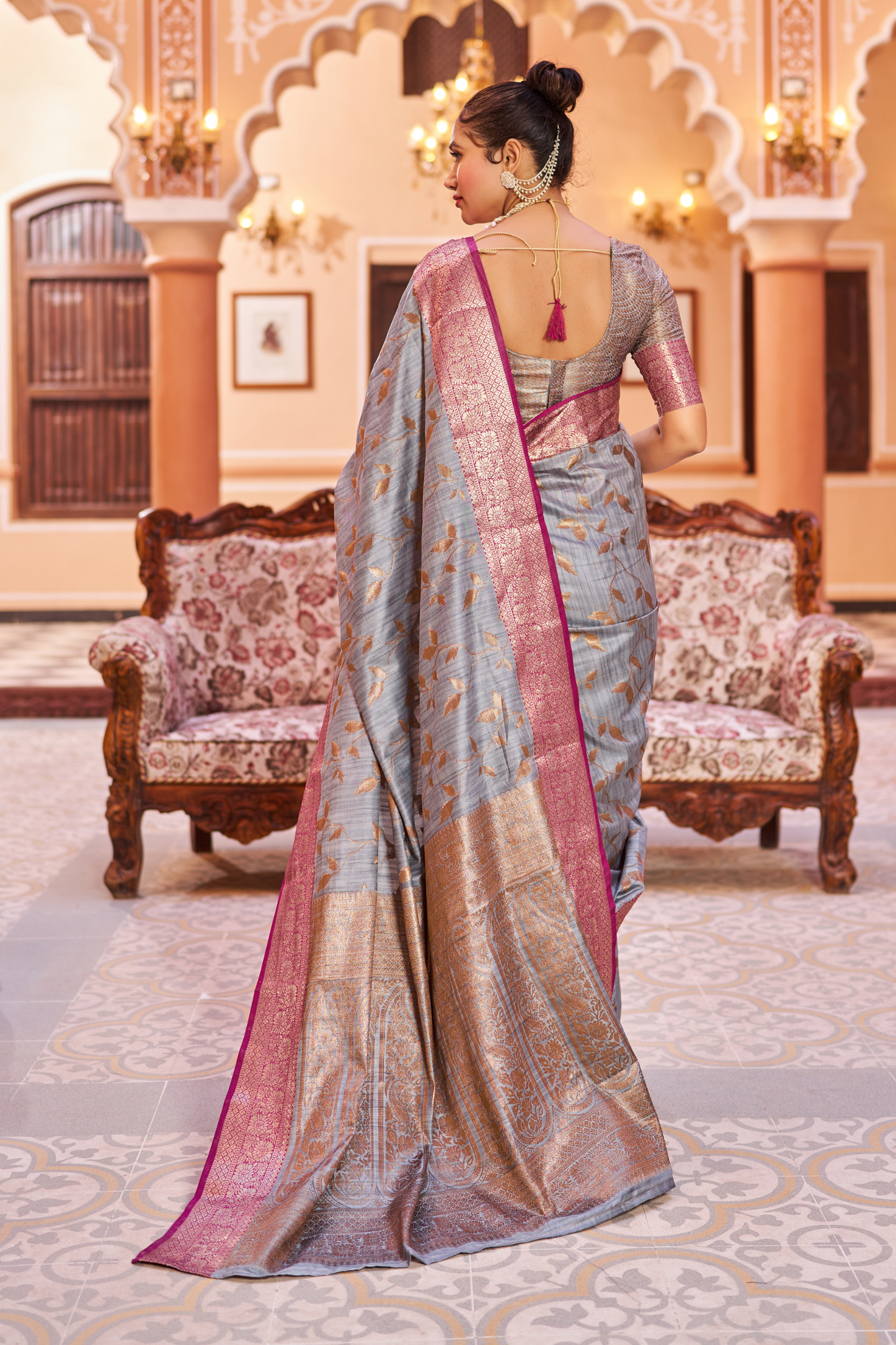 Gray Banarasi Pure Satin Silk with Graceful Zari Work Border