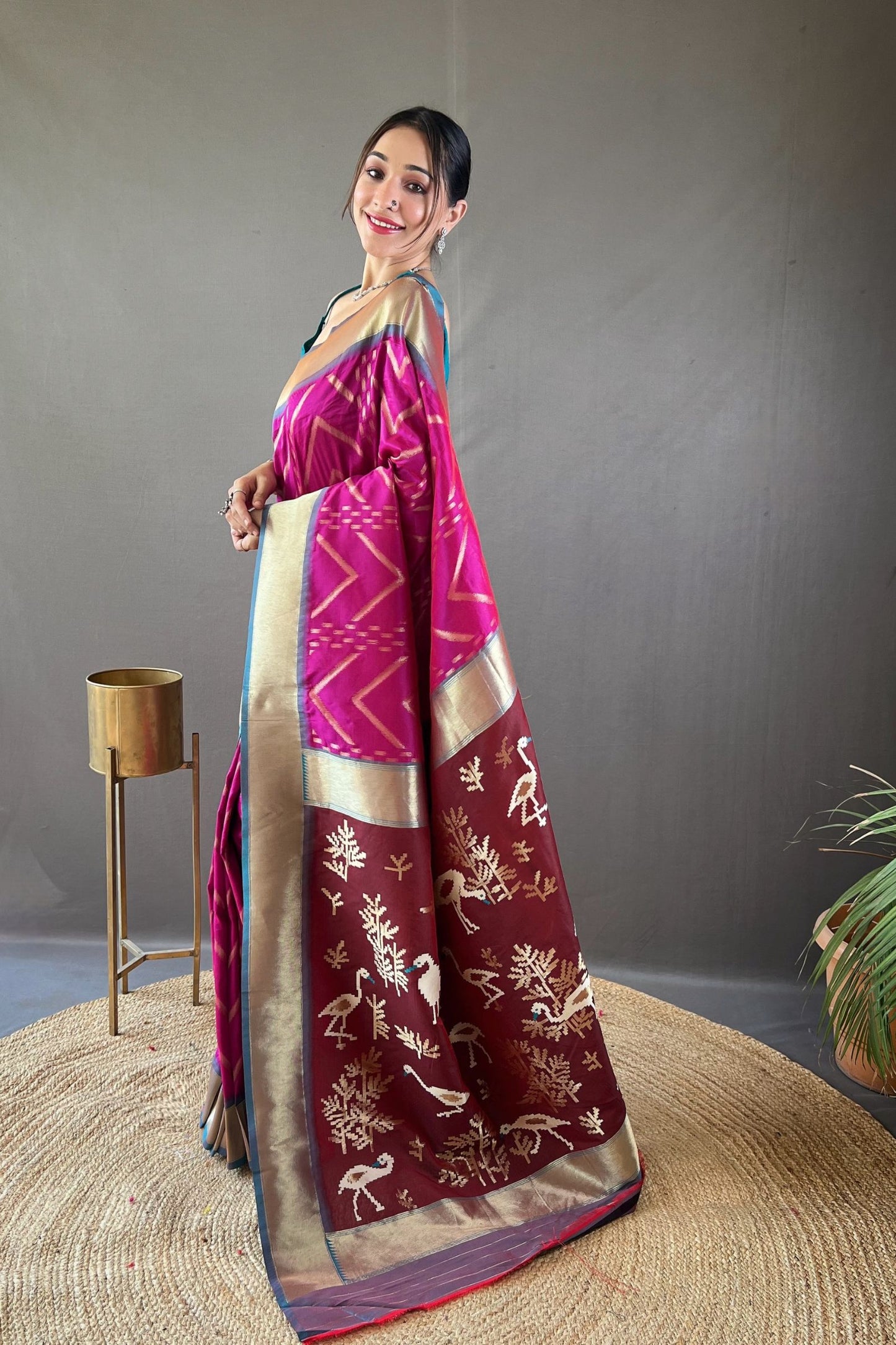 Fuchsia Zig Zag Zari Soft Silk Saree