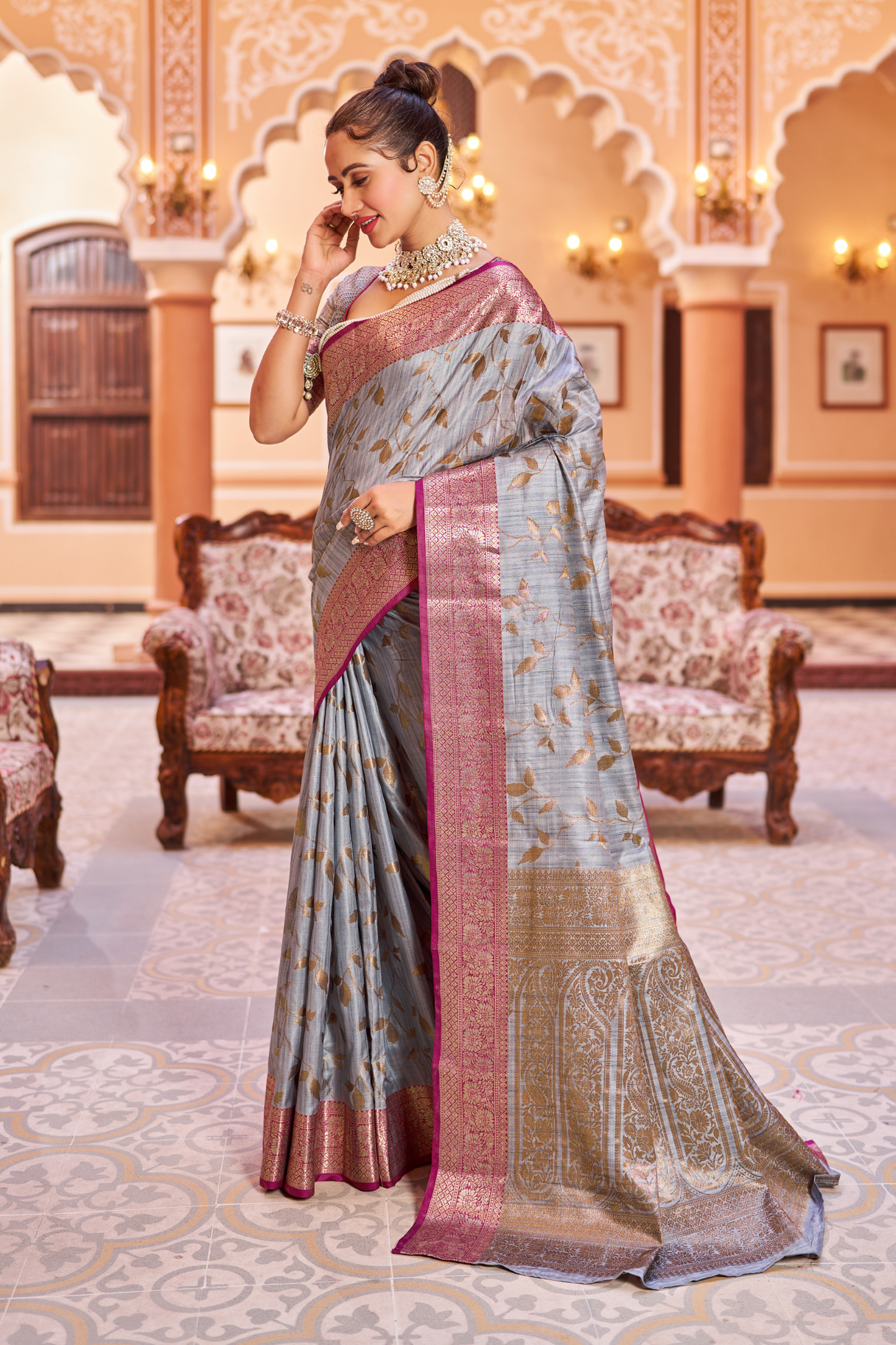 Gray Banarasi Pure Satin Silk with Graceful Zari Work Border