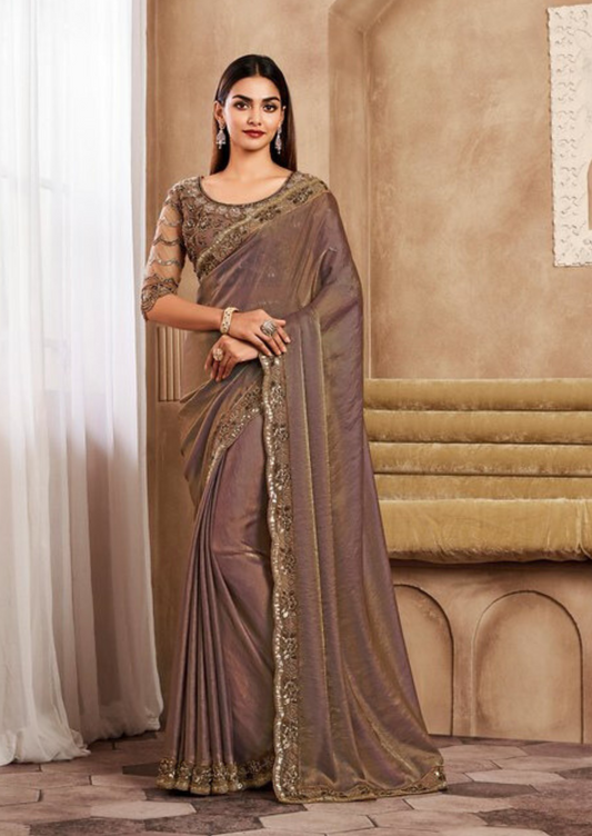 Brown Gold Flake Designer Silk Saree With Fancy Work