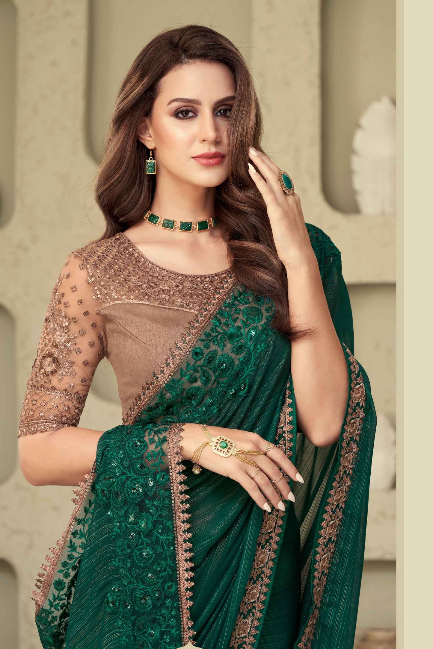 Dark Green Shimmer Silk Saree With Golden Embroidery Work