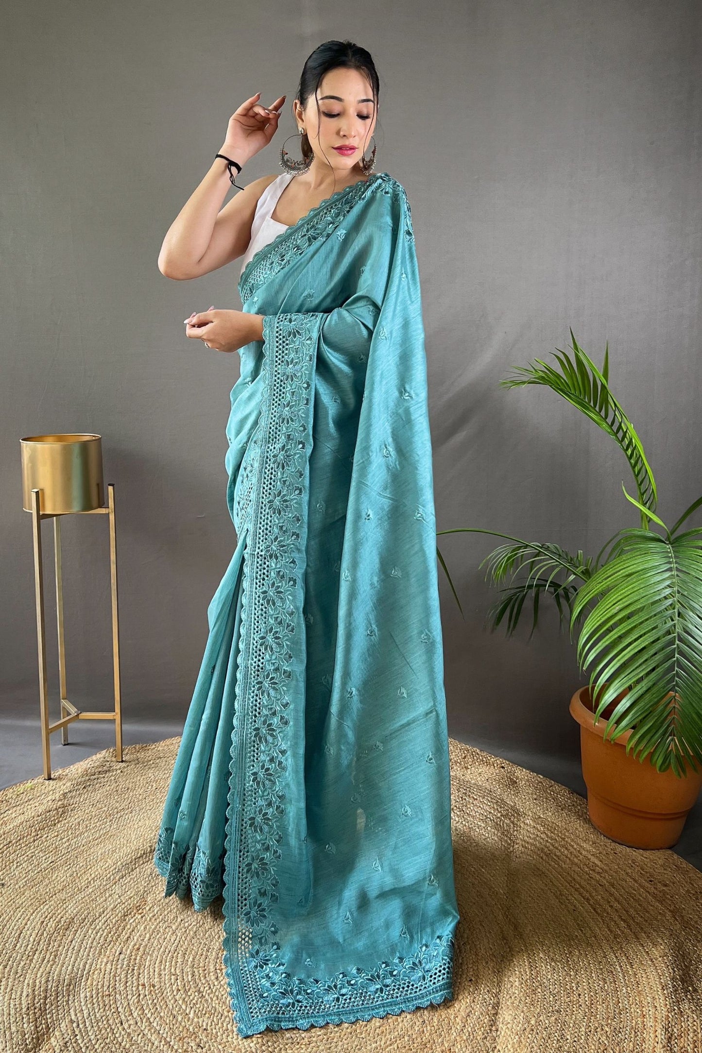 Sky Blue Matka Soft Silk Saree with Floral Cutwork Border