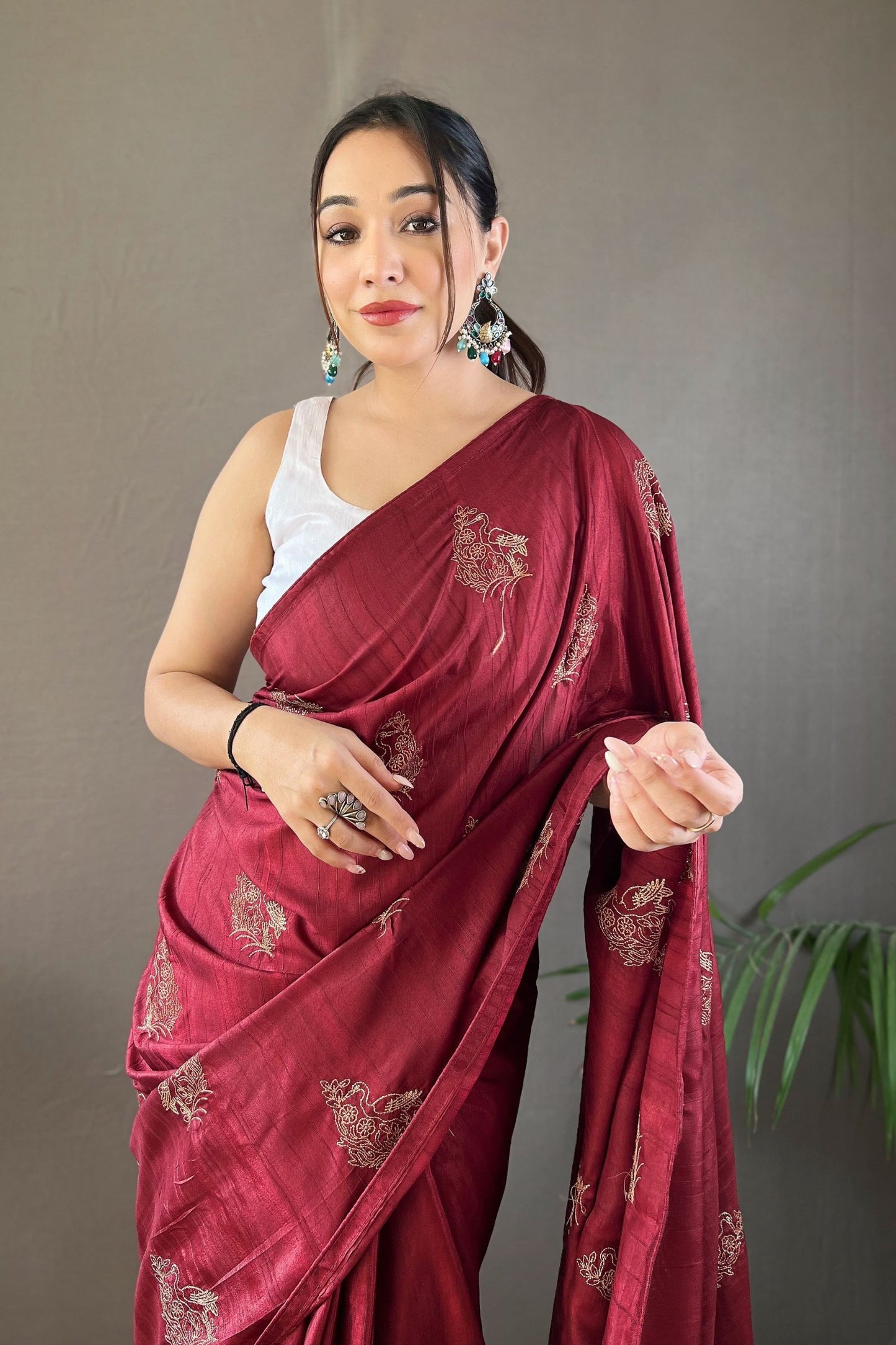 Beetroot Embroidered Art Silk Saree