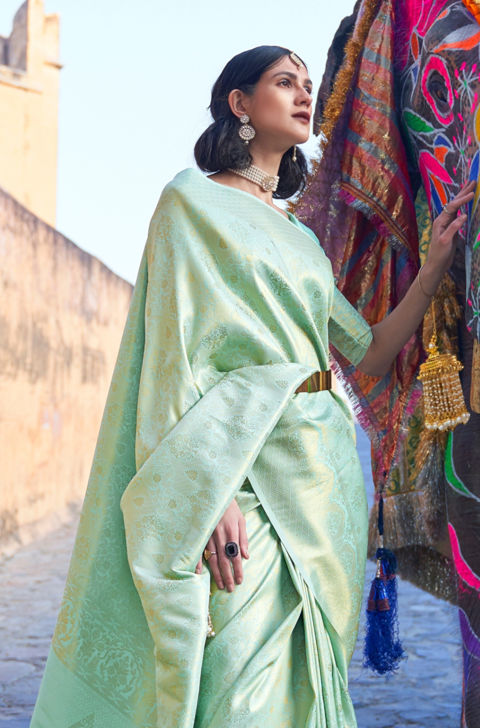 Pistachio Green Lavish Banarasi Handloom Silk Saree with Tassels Pallu