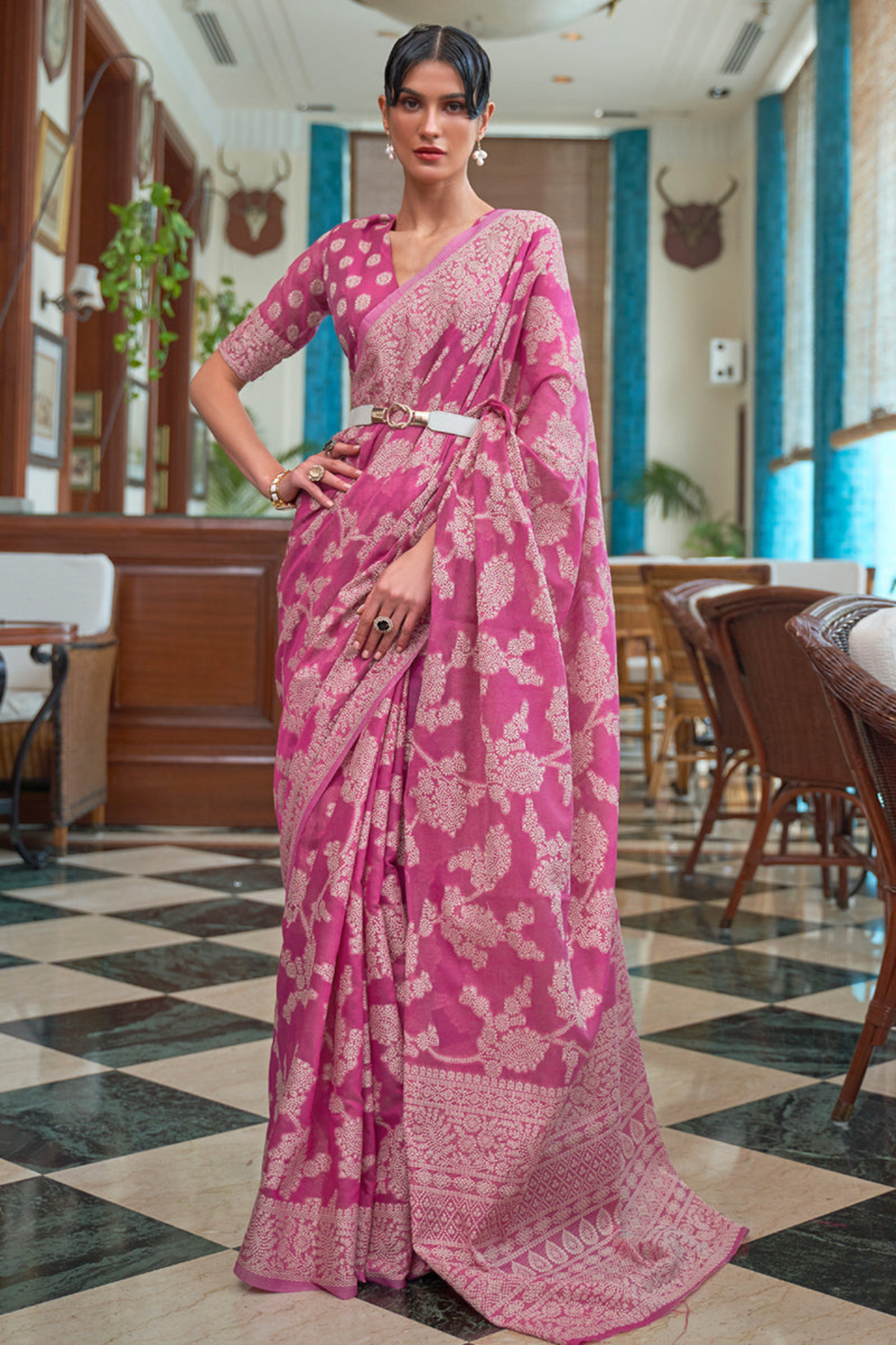 Magenta Designer Lucknowi Cotton Saree with Chikankari Work