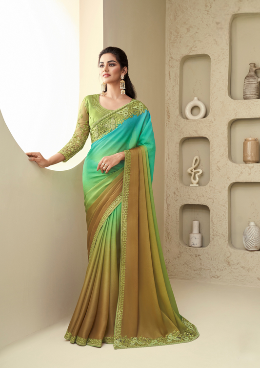 Pista Green Silk Saree With Embroidered Work