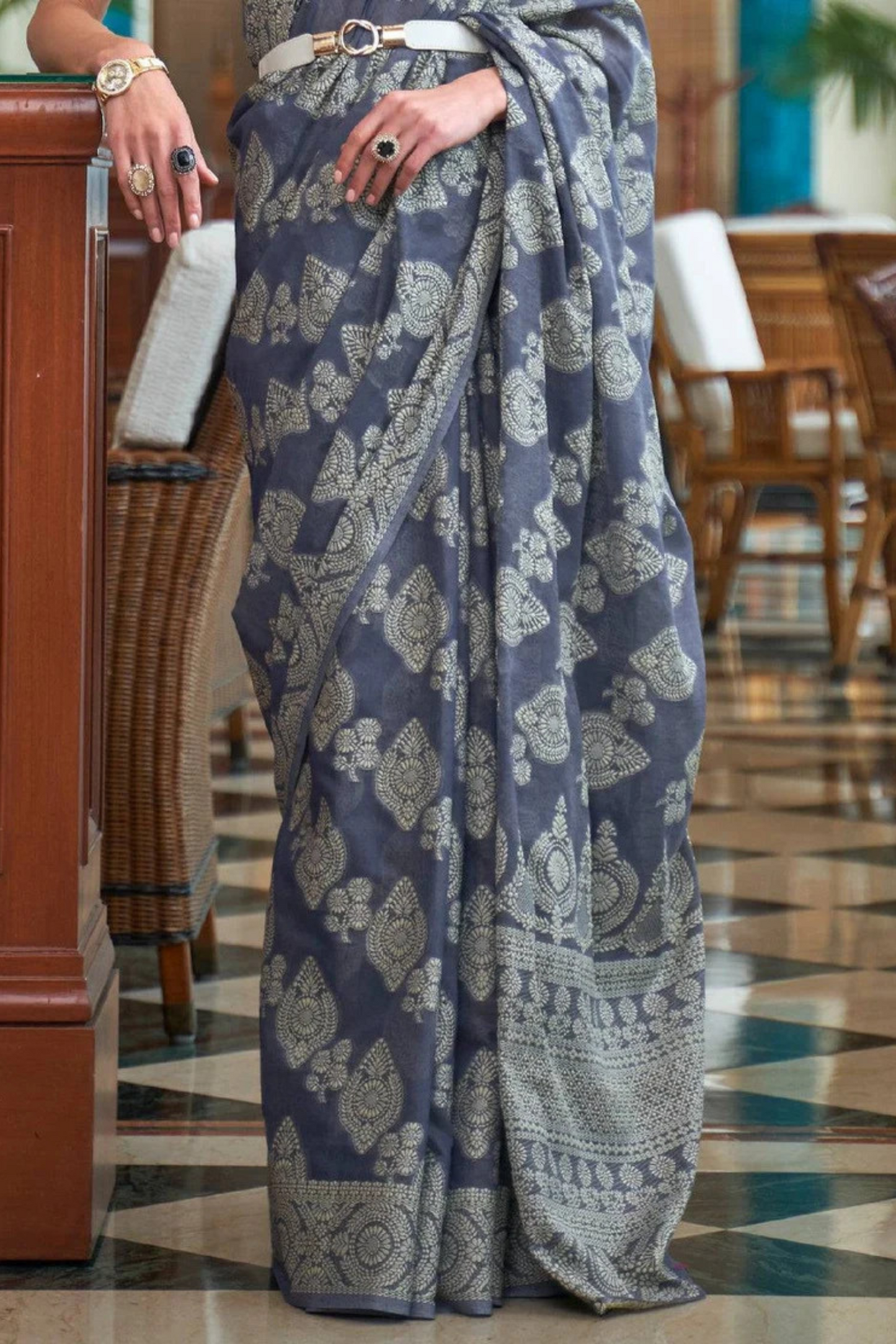 Navy Blue Lucknowi Cotton Saree Floral Print with Contrast Border