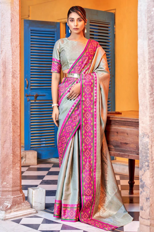 Gray Pink Soft Silk Saree with Geometric Woven Border