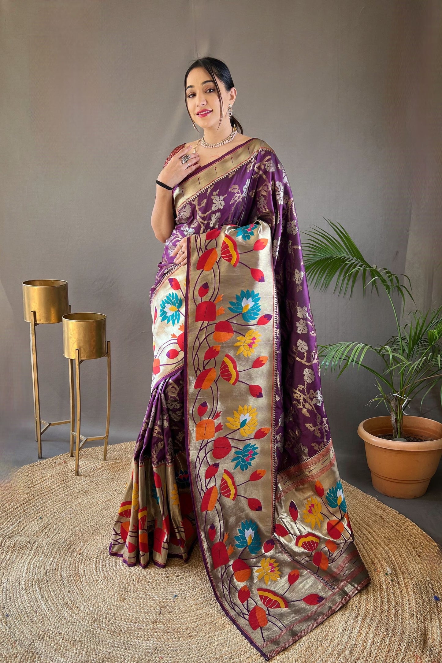 Eggplant Soft Paithani Silk Saree with Traditional Patterns