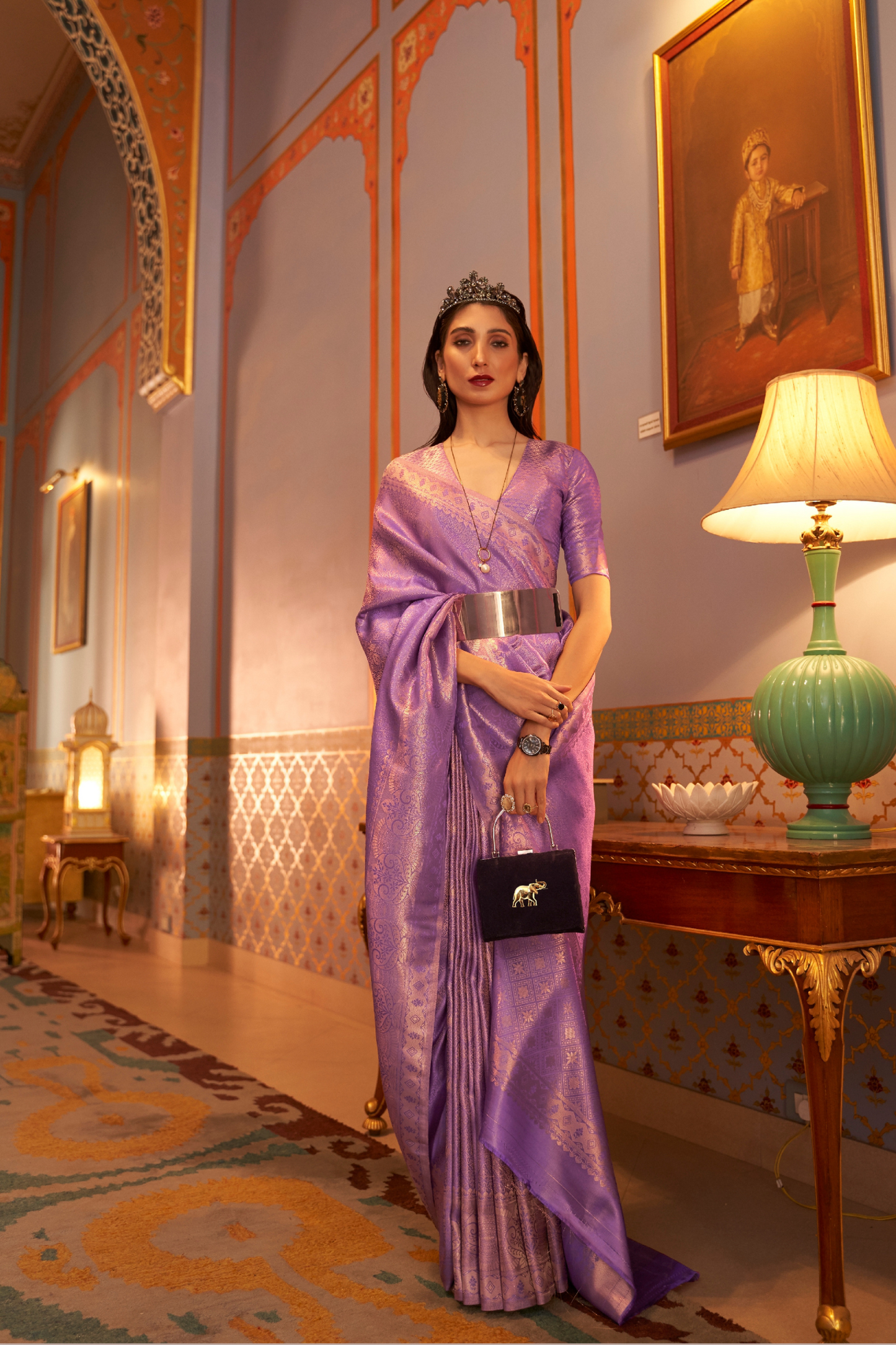 Trendy Lavender Kanjivaram Silk Saree with Satin Weaving Work