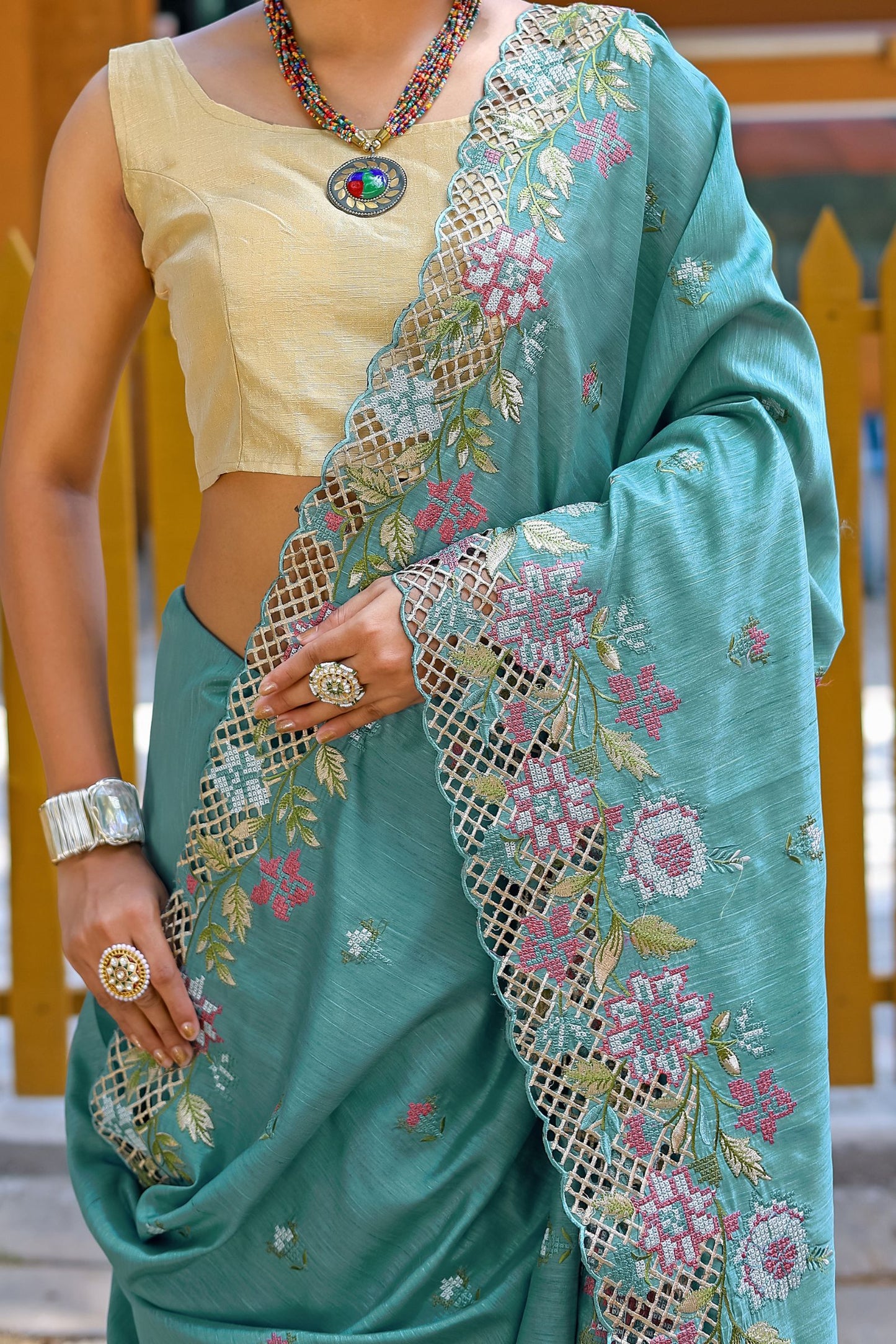 Sky Blue Embroidered Pure Mark Silk Saree with Cutwork Border