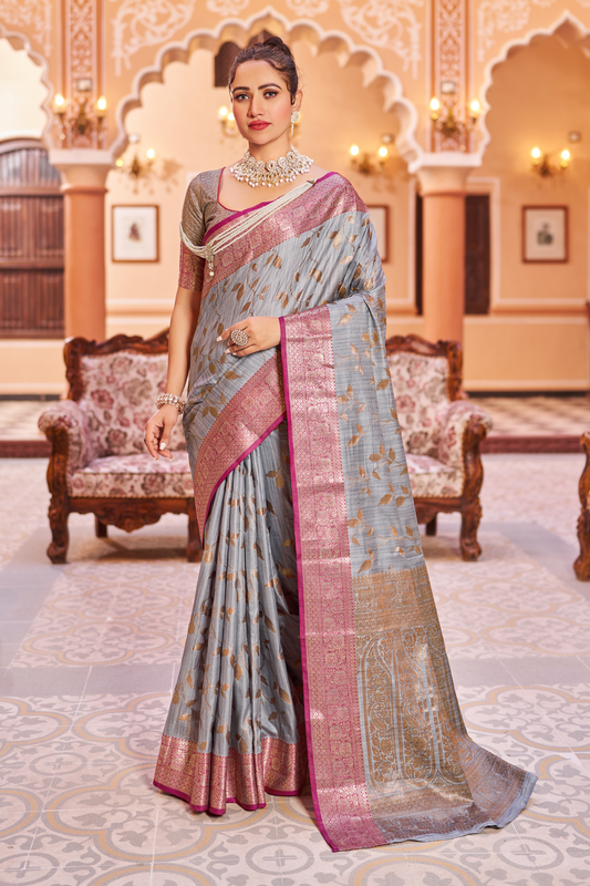 Gray Banarasi Pure Satin Silk with Graceful Zari Work Border