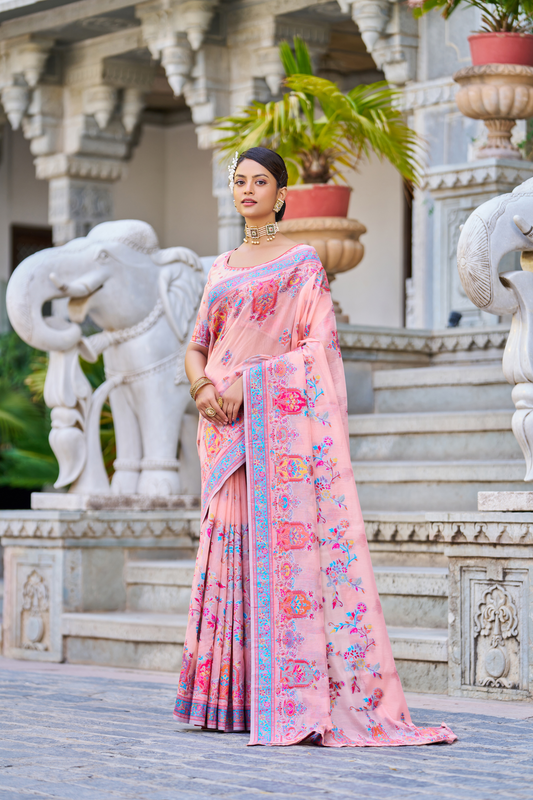 Blush Pink Cotton Pashmina Silk Saree with Floral Design