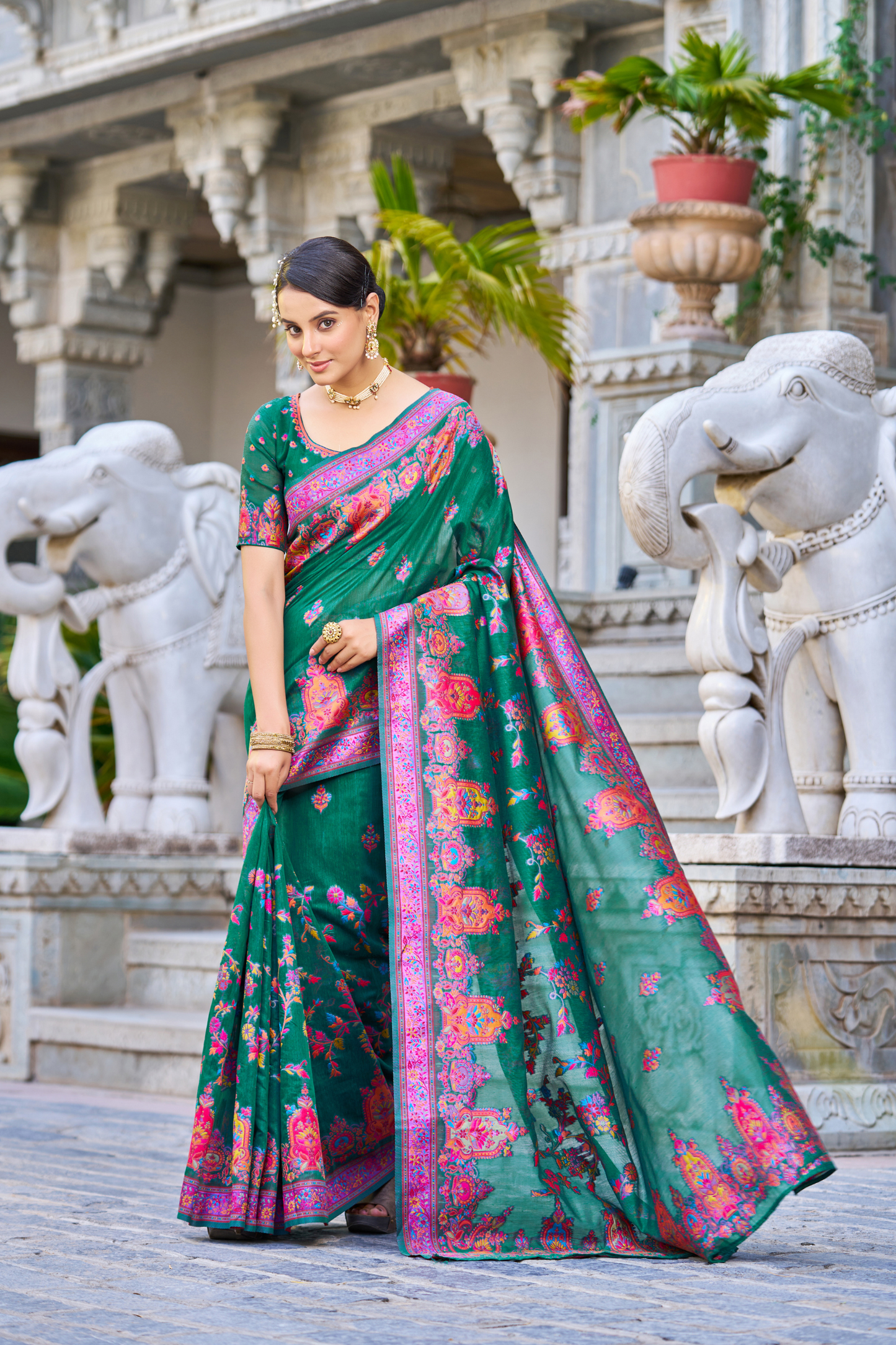 Dark Green Cotton Pashmina Silk Saree with Floral Design