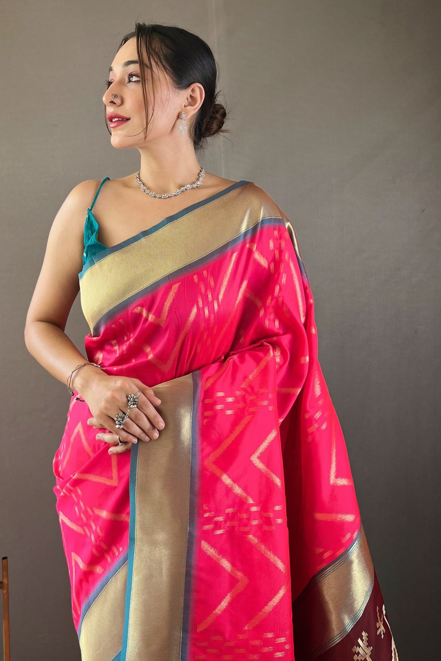 Hot Pink Zig Zag Zari Soft Silk Saree