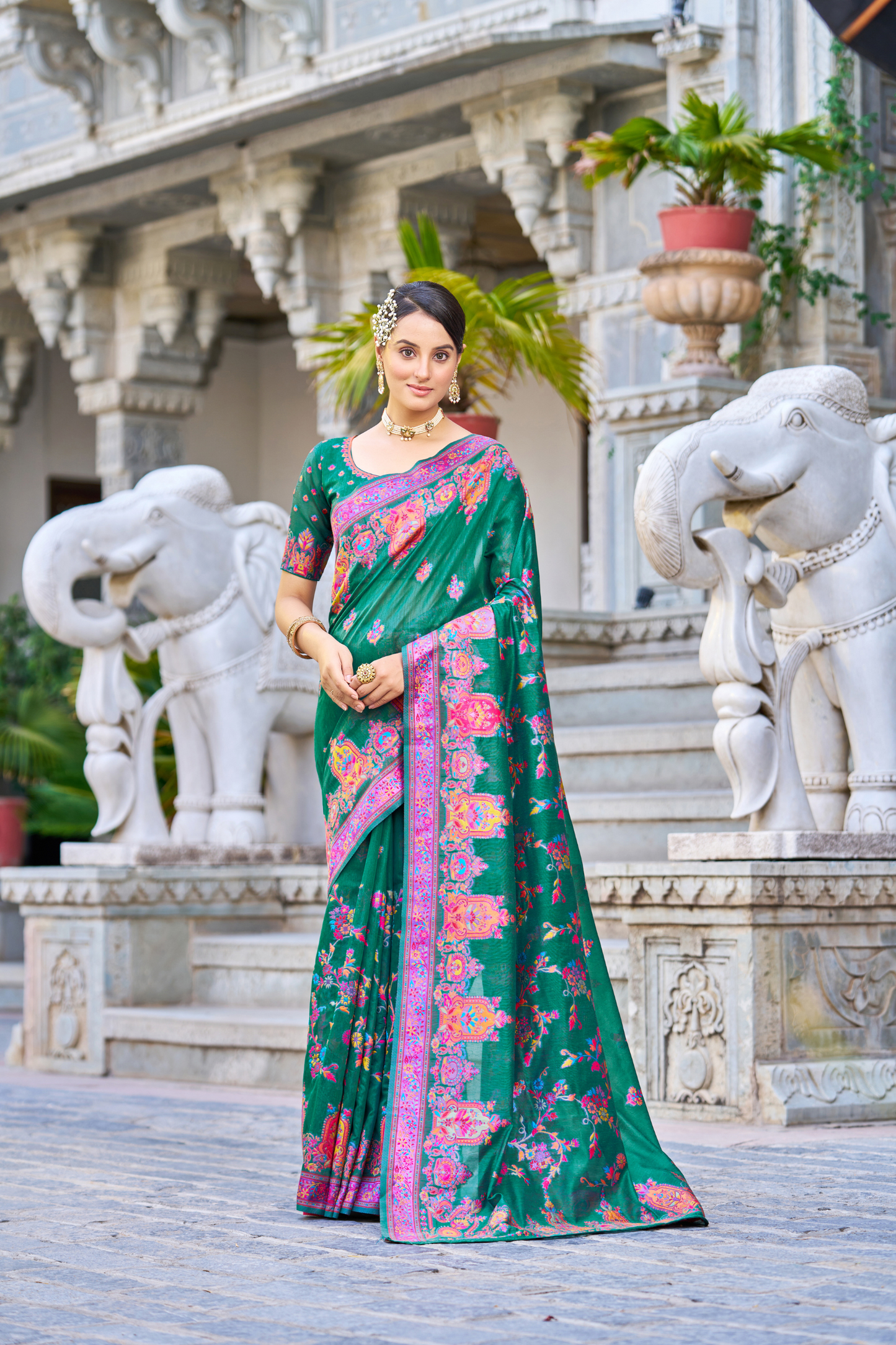 Dark Green Cotton Pashmina Silk Saree with Floral Design