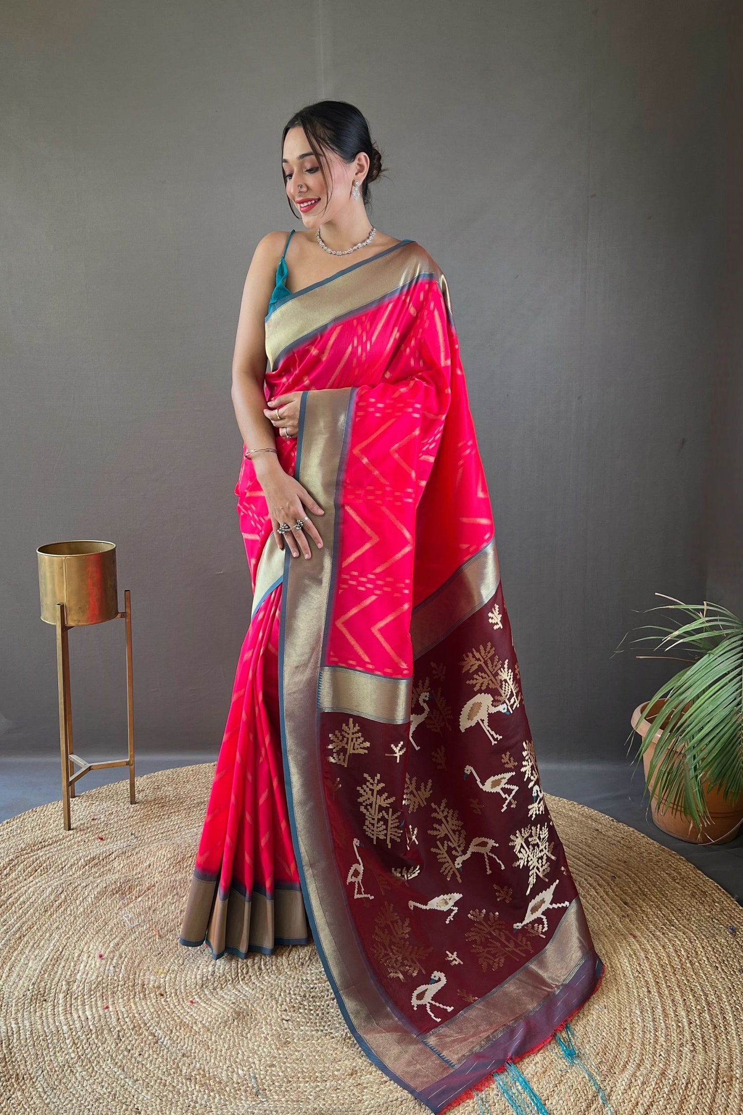 Hot Pink Zig Zag Zari Soft Silk Saree