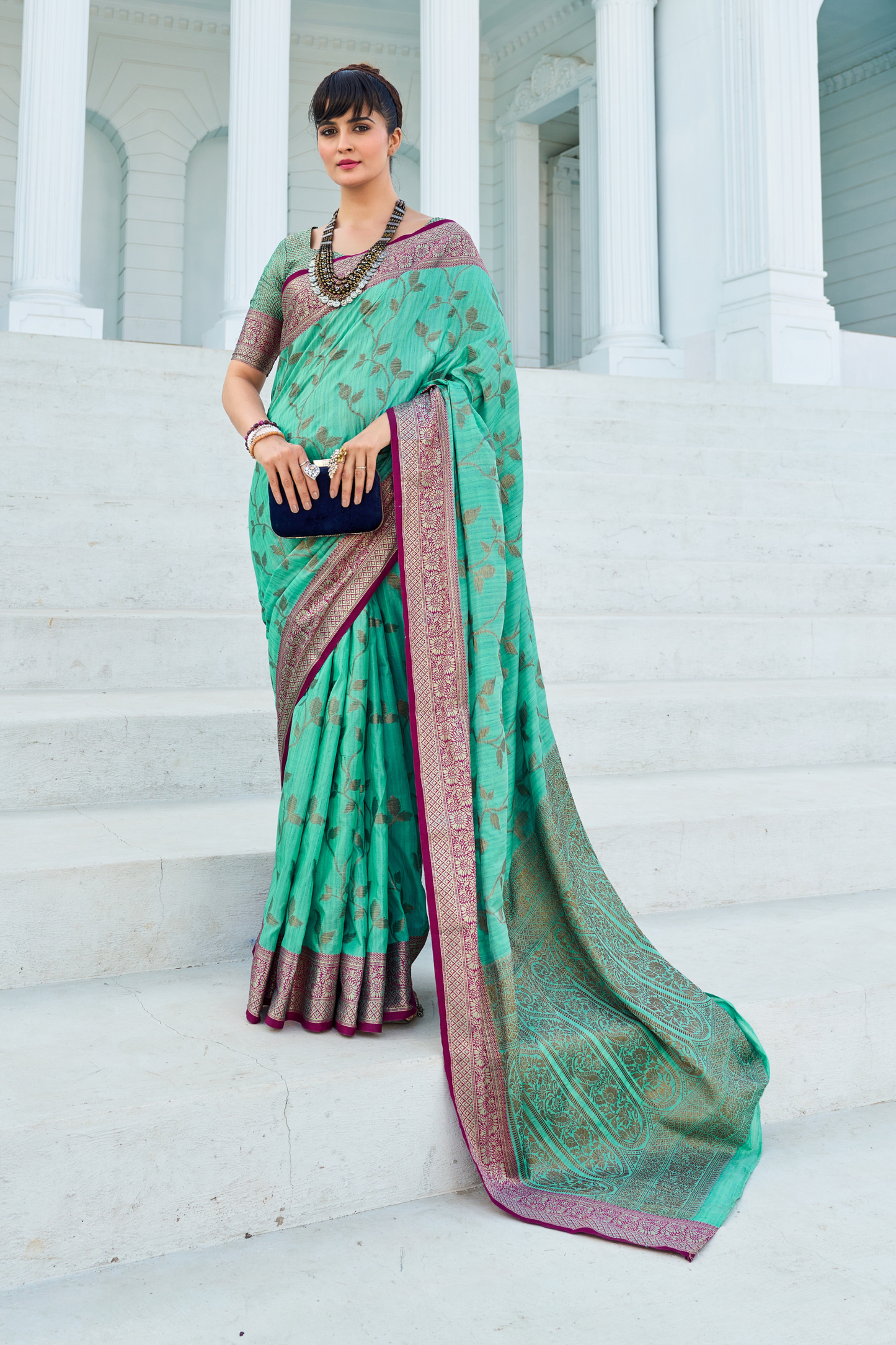 Mint Green Banarasi Pure Satin Silk with Graceful Zari Work Border