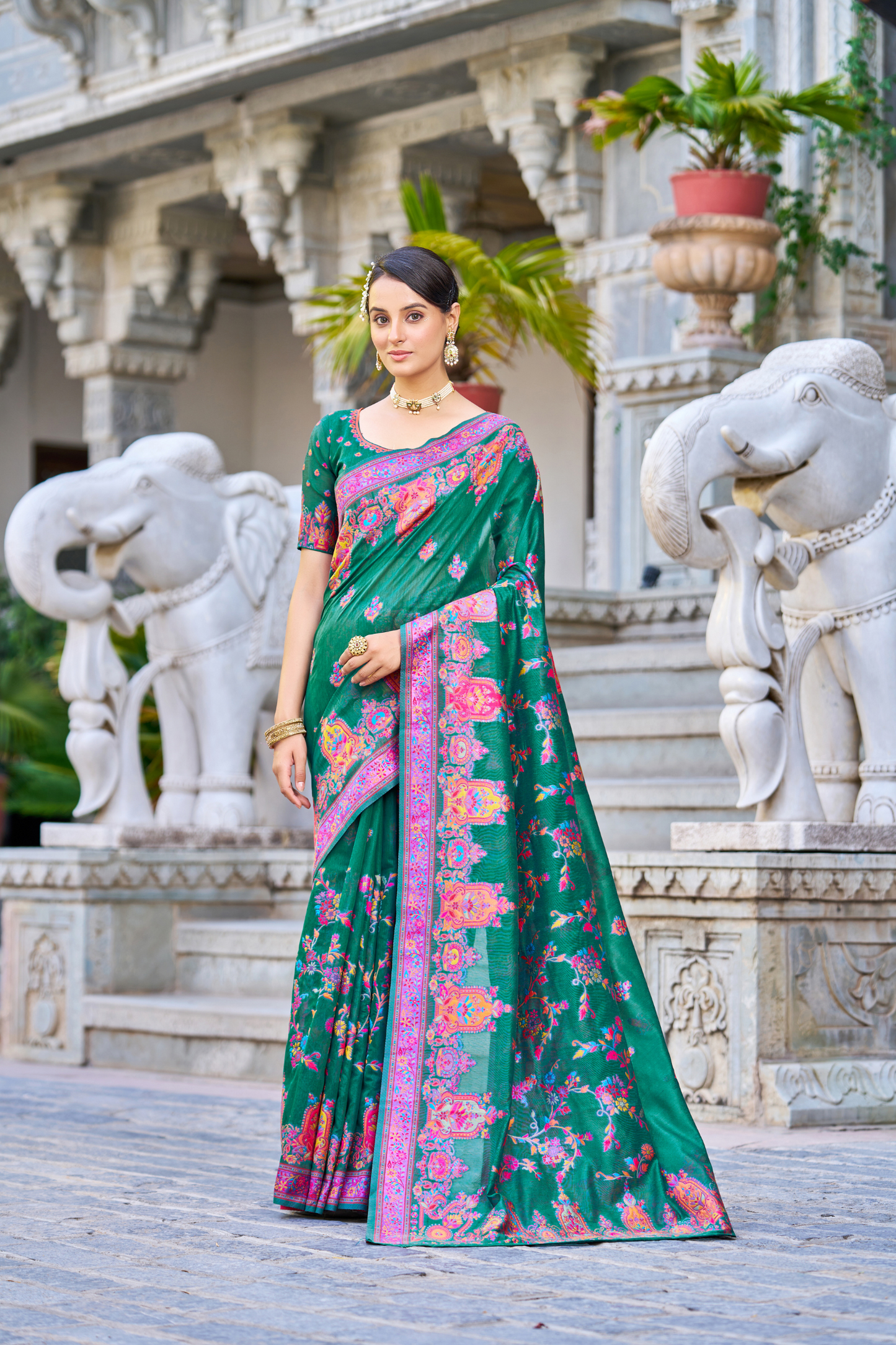 Dark Green Cotton Pashmina Silk Saree with Floral Design