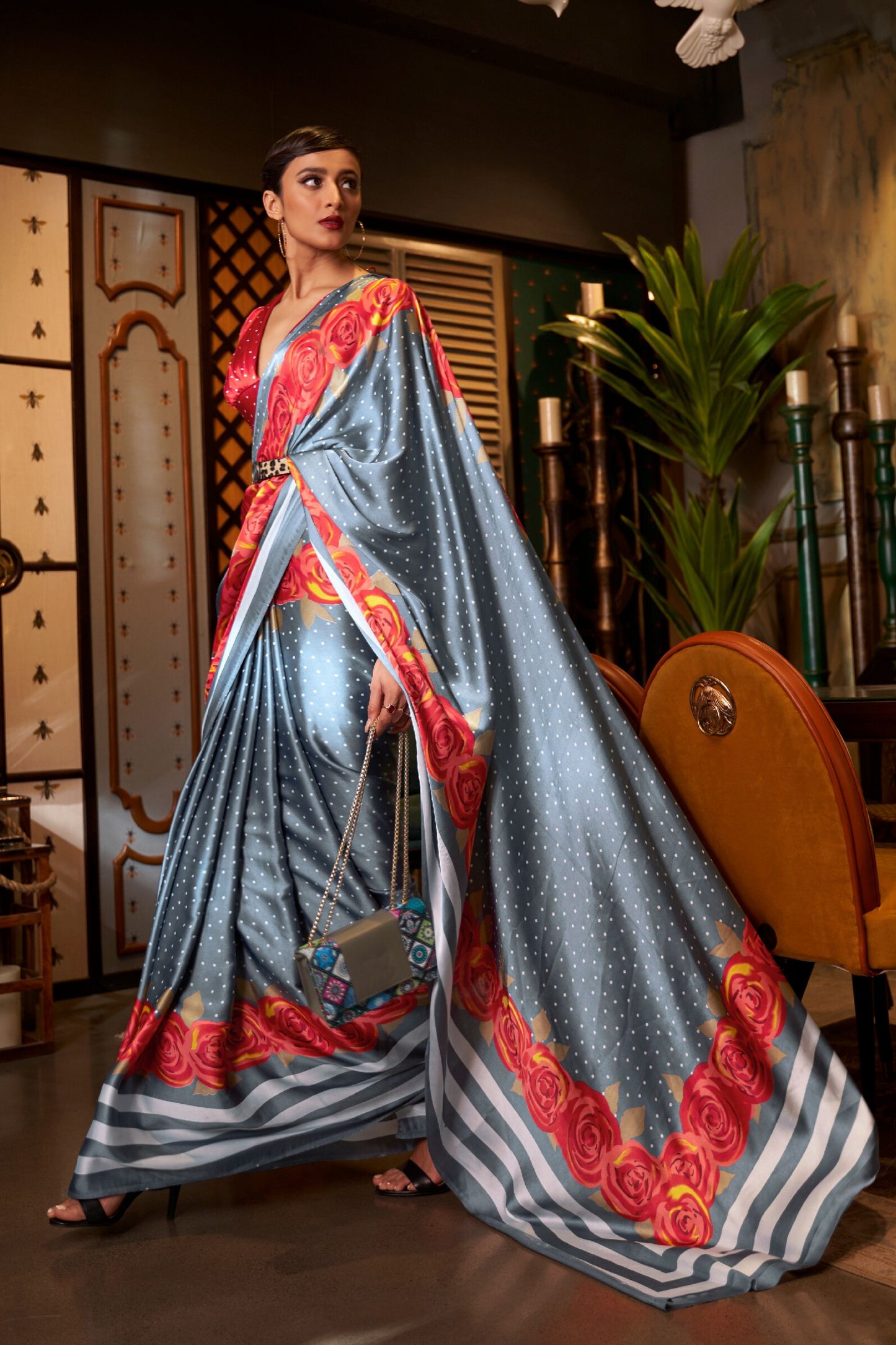 Grey Floral Printed Satin Crepe Saree