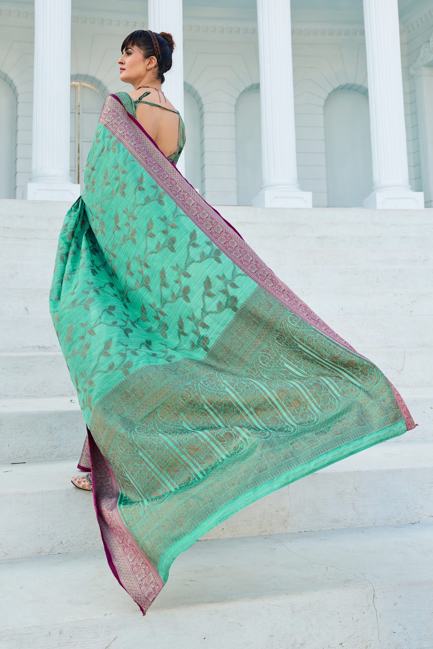 Mint Green Banarasi Pure Satin Silk with Graceful Zari Work Border