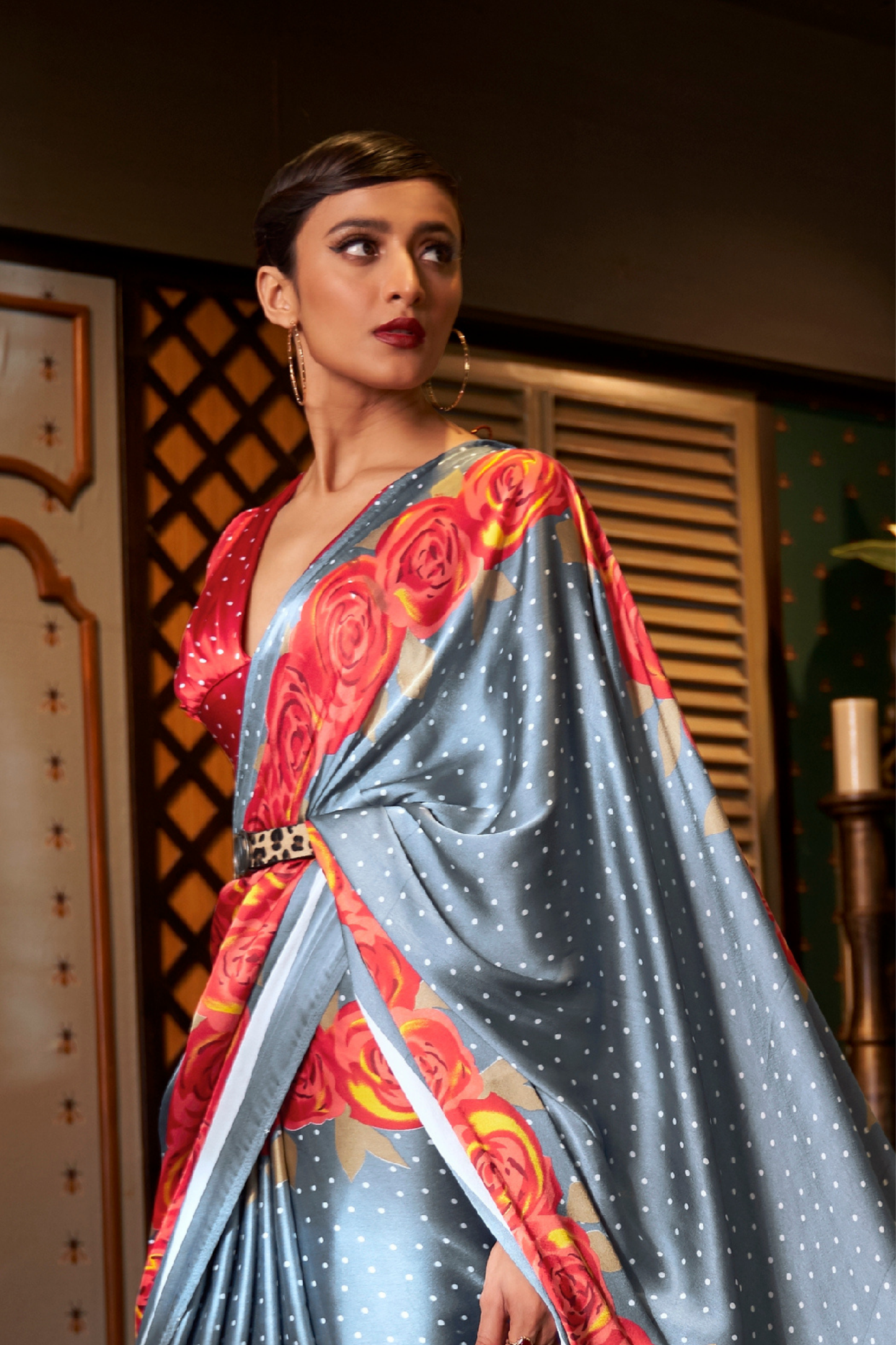 Grey Floral Printed Satin Crepe Saree